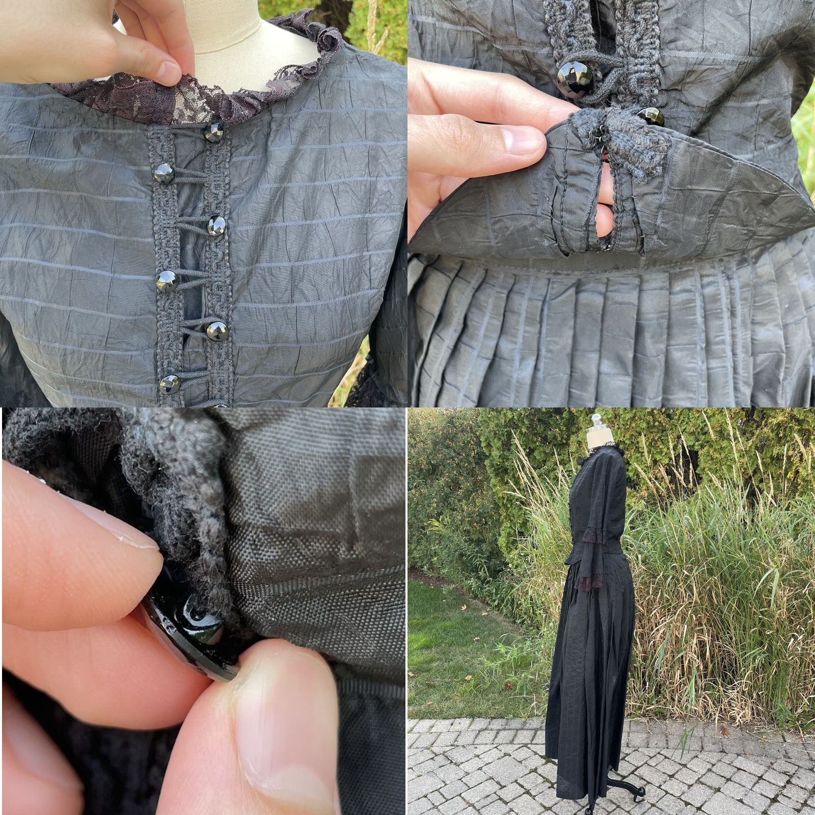 Vintage VINTAGE Antique Silk Mourning Dress Black Gown Lace Victorian Bustle Ostrich Feather VTG Gothic PS Black Mens? Size S / US 4 / IT 40 - 8 Thumbnail