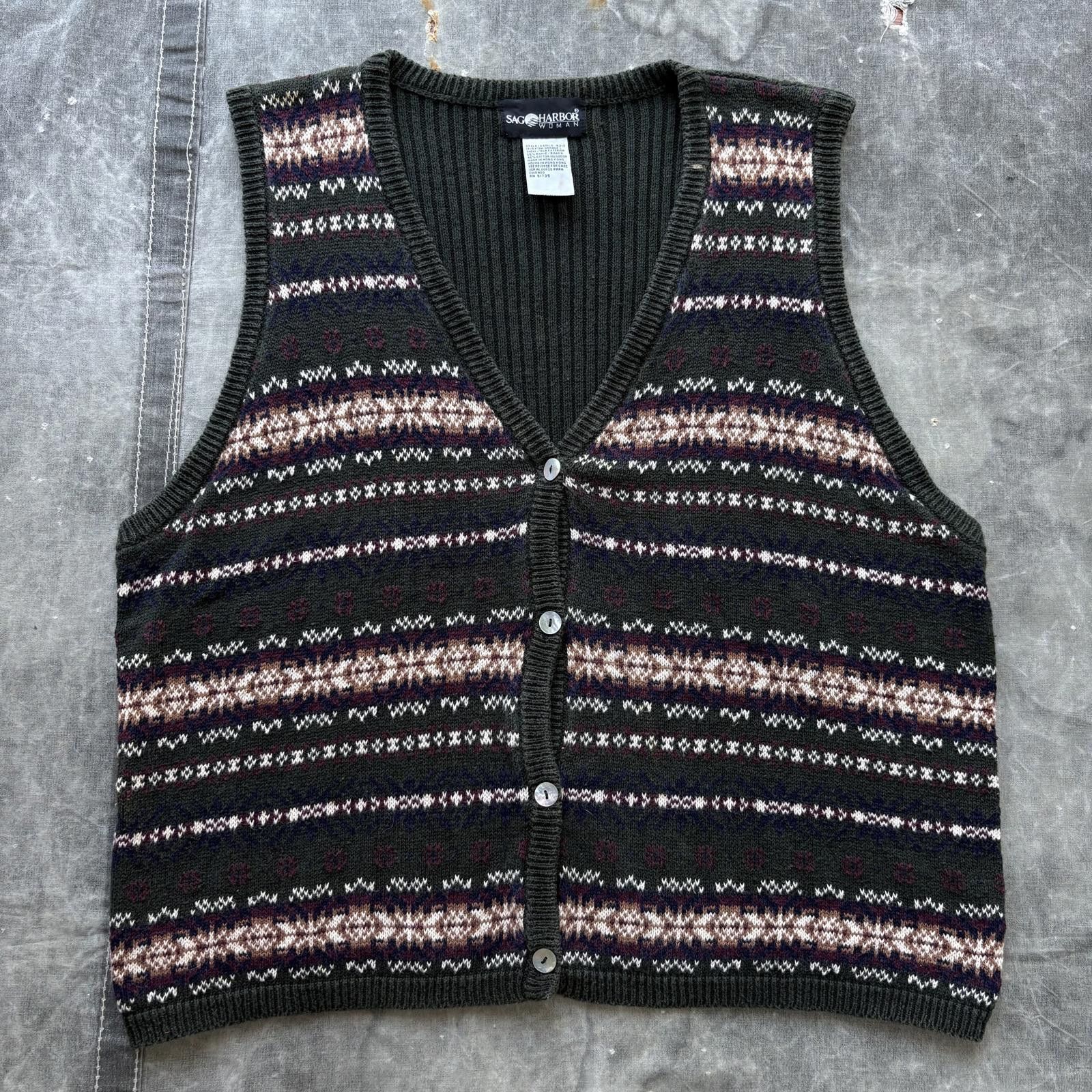 Vintage Vintage 90s Moss Green Fair Isle Knit Sweater Vest Cardigan Size XL / US 12-14 / IT 48-50 - 1 Thumbnail