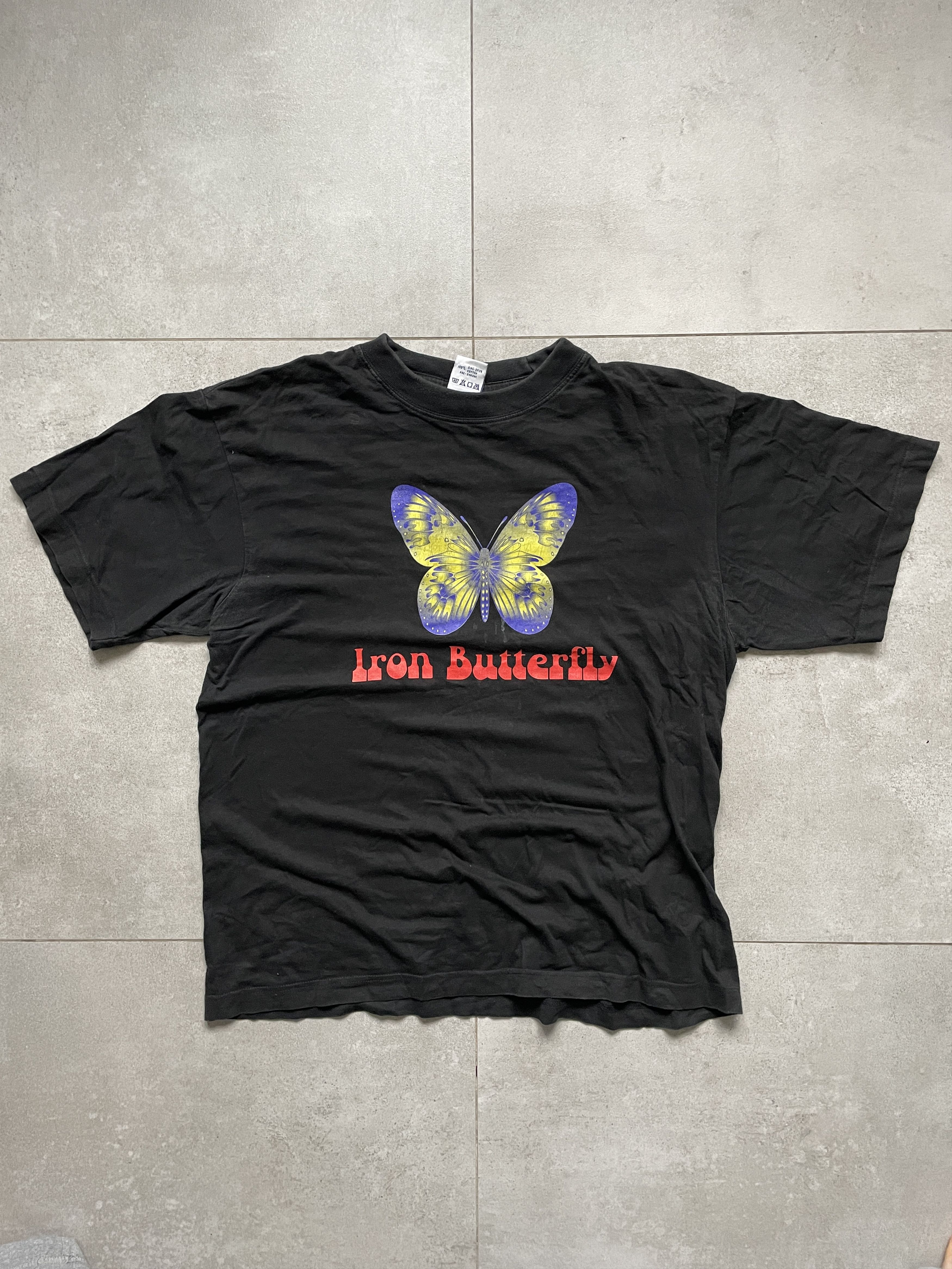image of Band Tees x Rock Tees 90's Iron Butterfly Washed Black Faded Band Tee, Men's (Size XL)