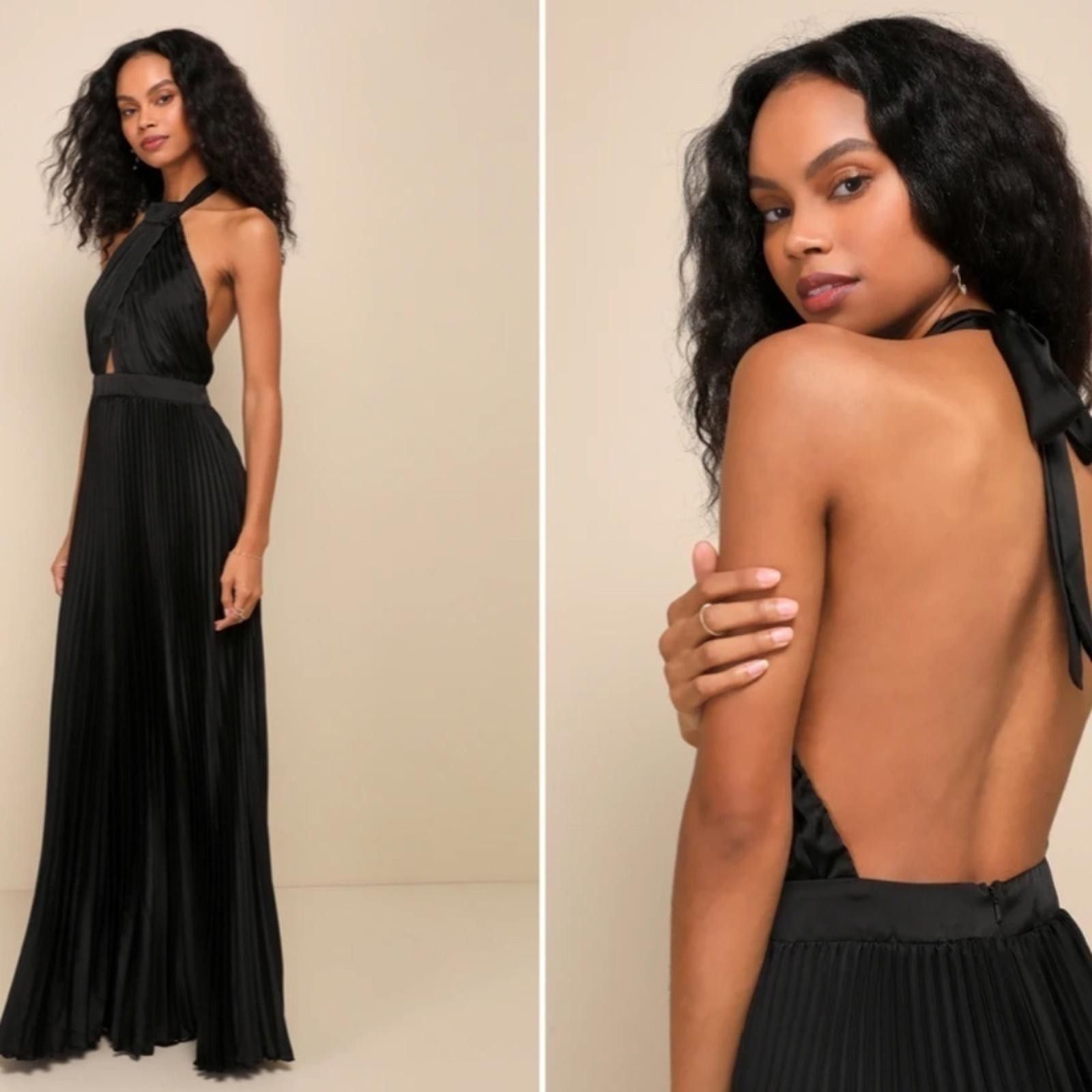 Lulus LULU's Prom Wedding Bridesmaid Pleated Satin Halter Maxi Size L / US 10 / IT 46 - 3 Thumbnail