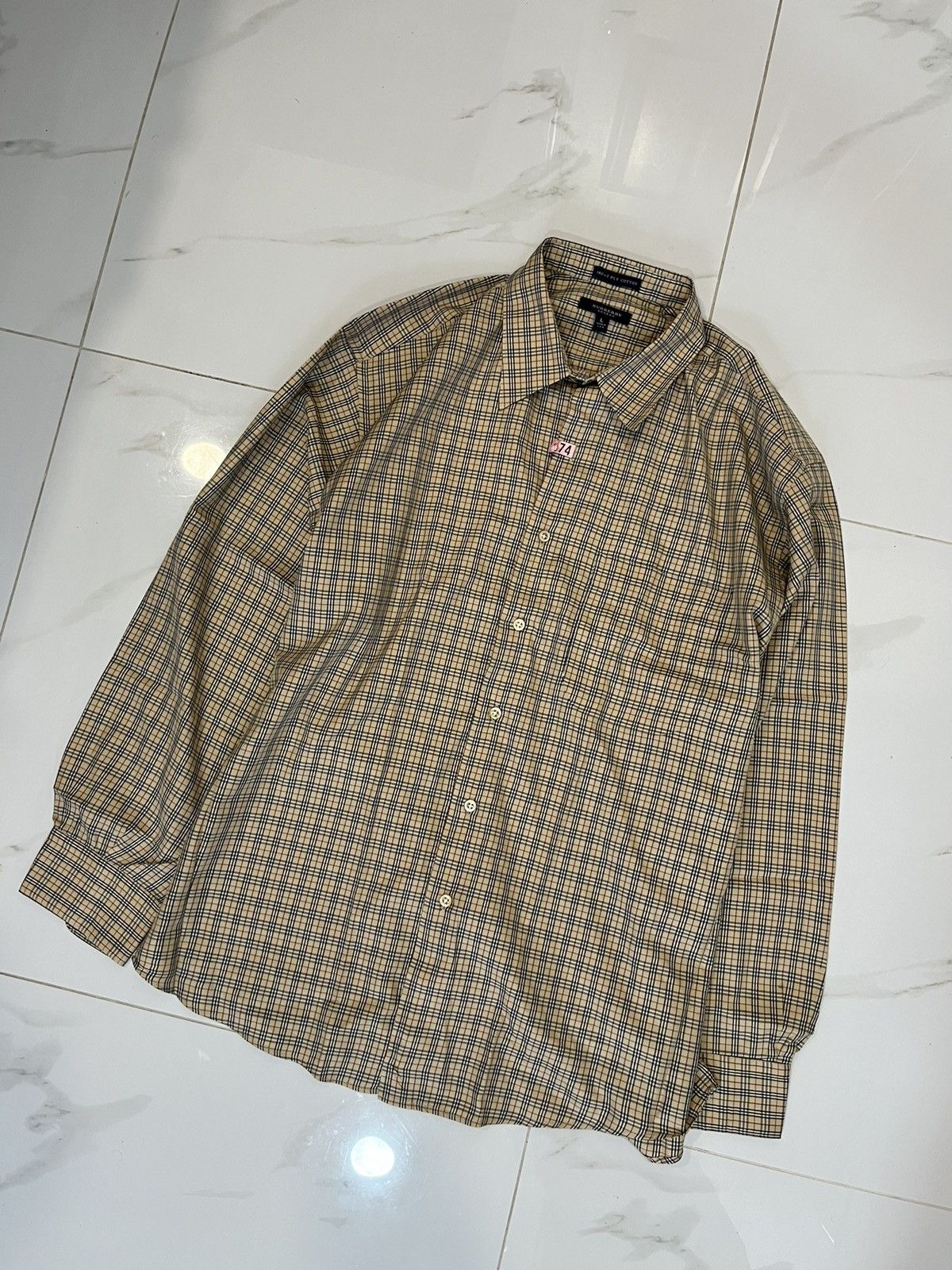 image of Burberry Nova Shirt Made In Usa Tan Vintage London Y2K in Checkered, Men's (Size Large)