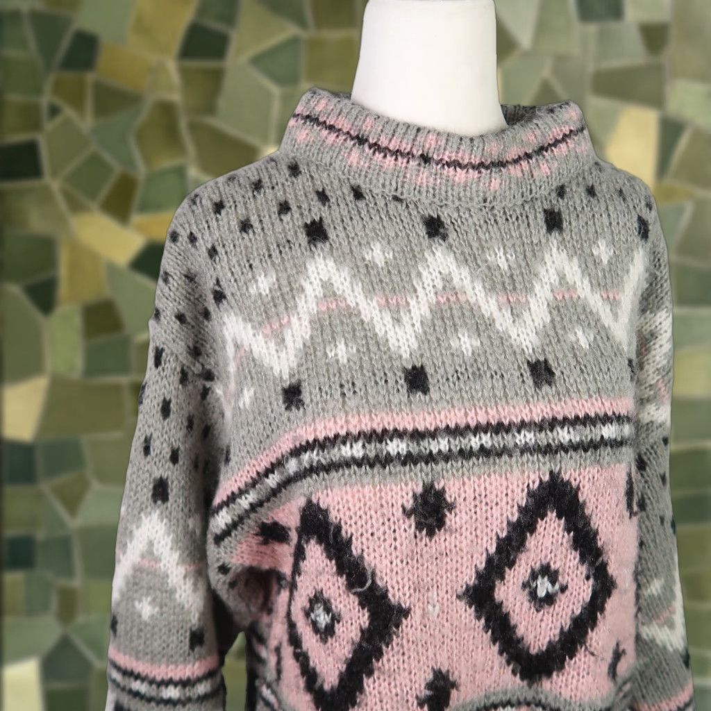 Pinko VINTAGE 80s Eber Geometric Knit Sweater Women S Light Grey Pink High Neck Pullover Long Sleeve Acrylic Geometric Pattern Fall Winter Ladies S Size S / US 4 / IT 40 - 1 Thumbnail