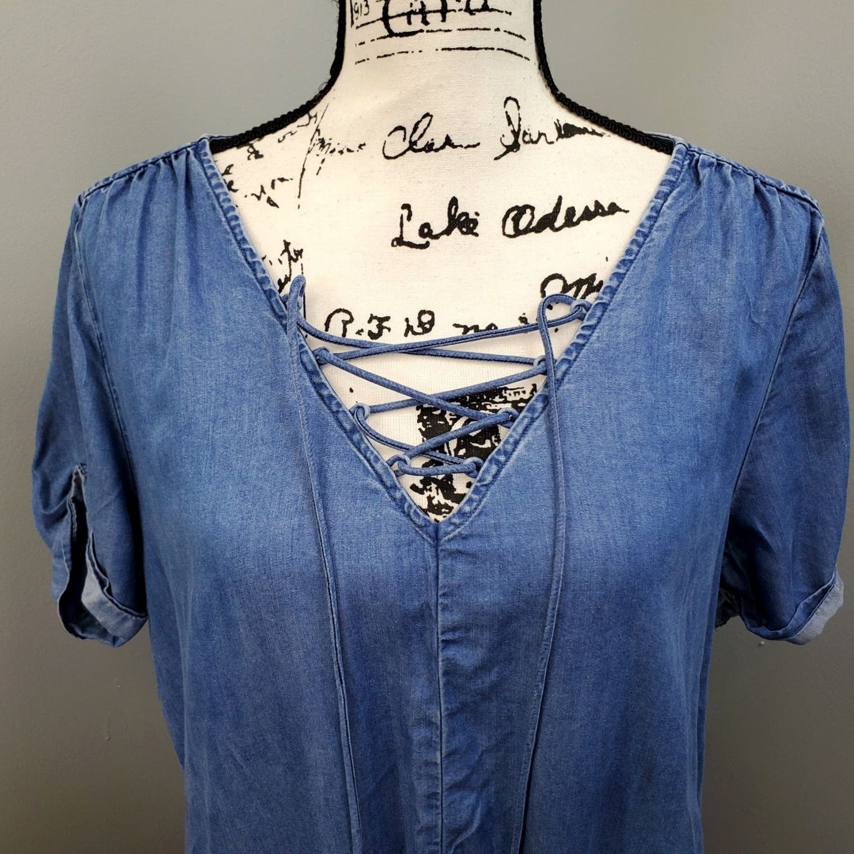 Lucky Brand Lucky Brand Shirt Dress Womens L Blue Lyocell Short Sleeve Lace Up V Neck Size L / US 10 / IT 46 - 3 Thumbnail