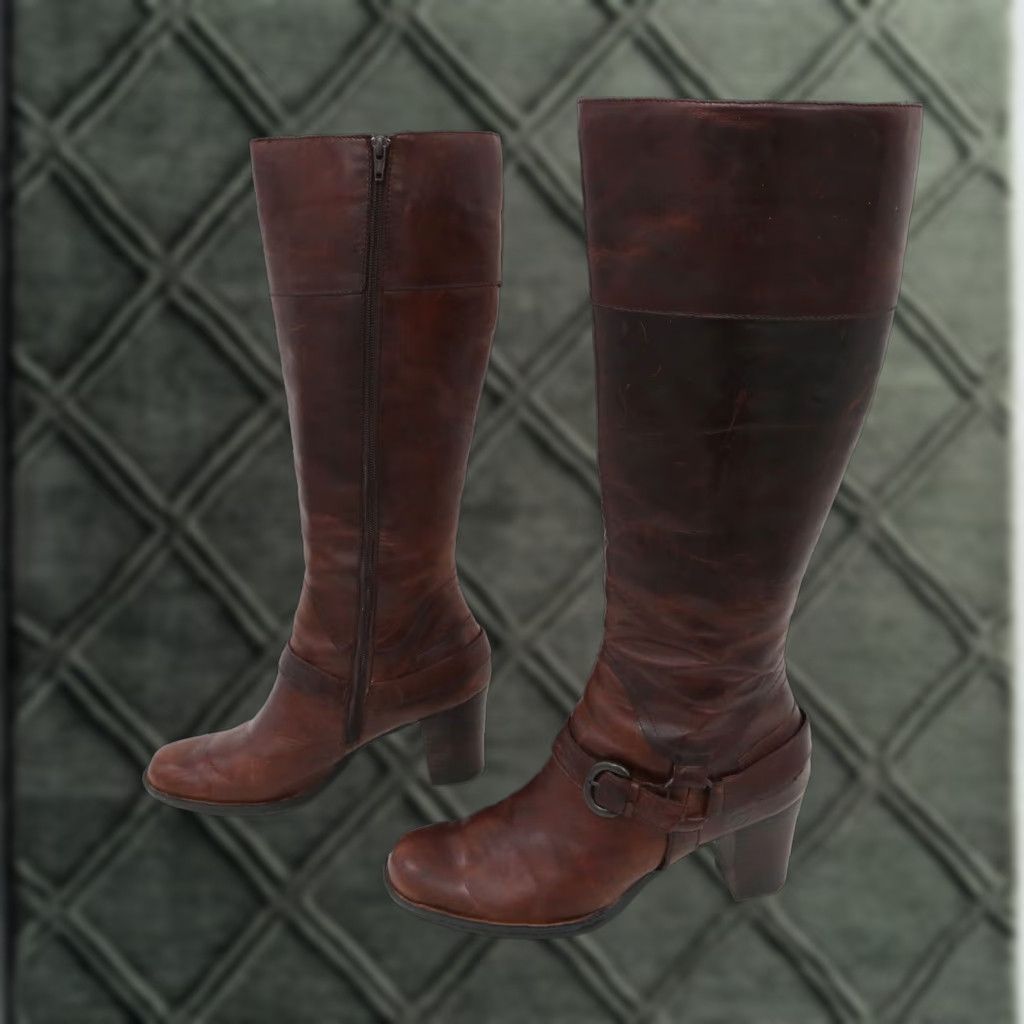 Born Brittney Boots Womens 10 Brown Leather Knee High Block Heel Shoes Harness With Buckle (Size 8)