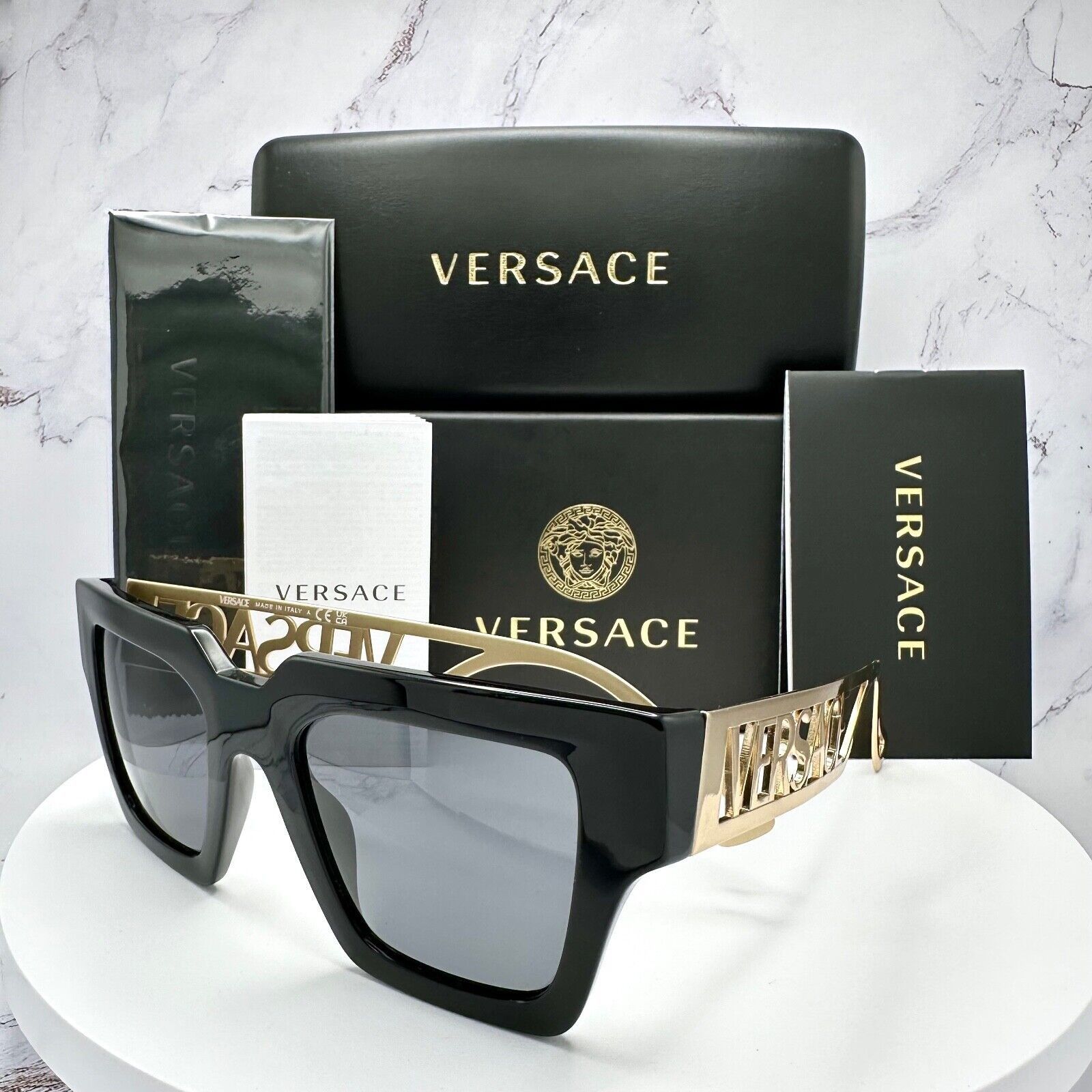 image of Versace Sunglasses Black Acetate Square Gold Metal, Men's