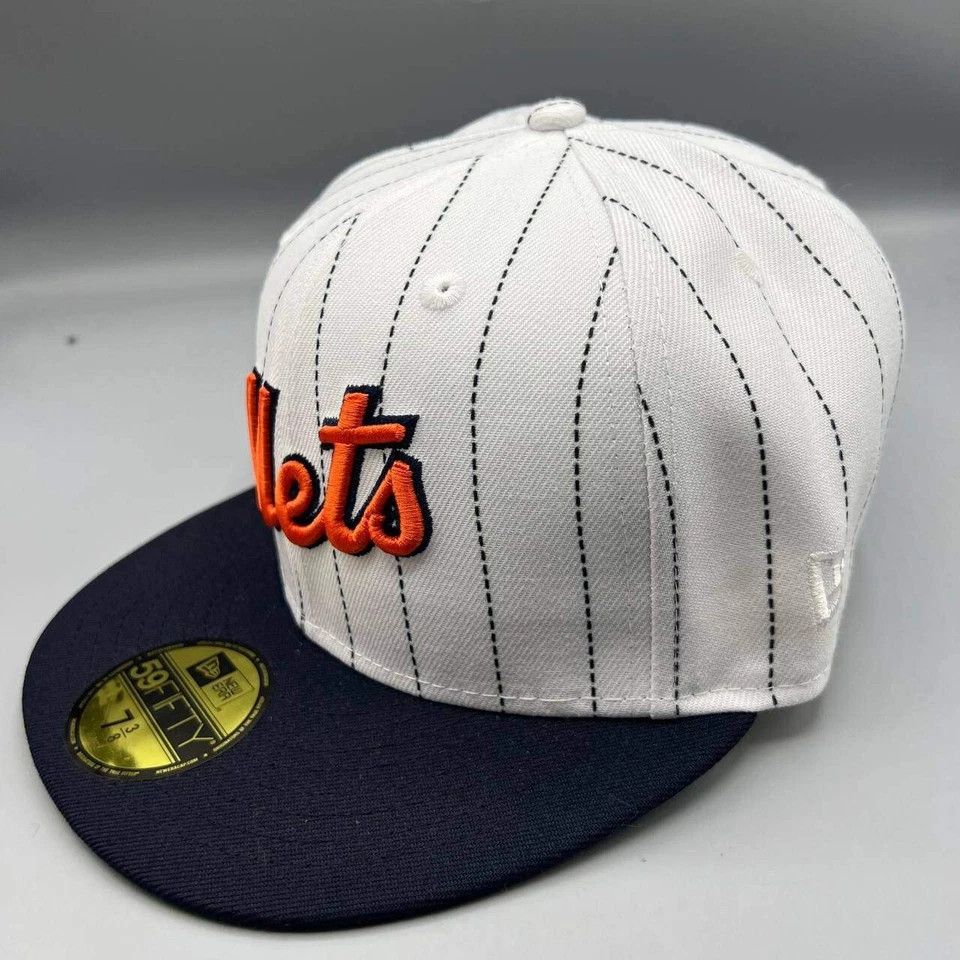 New Era New York Mets Hat Men 7 3/8 White Pinstripe MLB Fitted Cap Size ONE SIZE - 4 Thumbnail