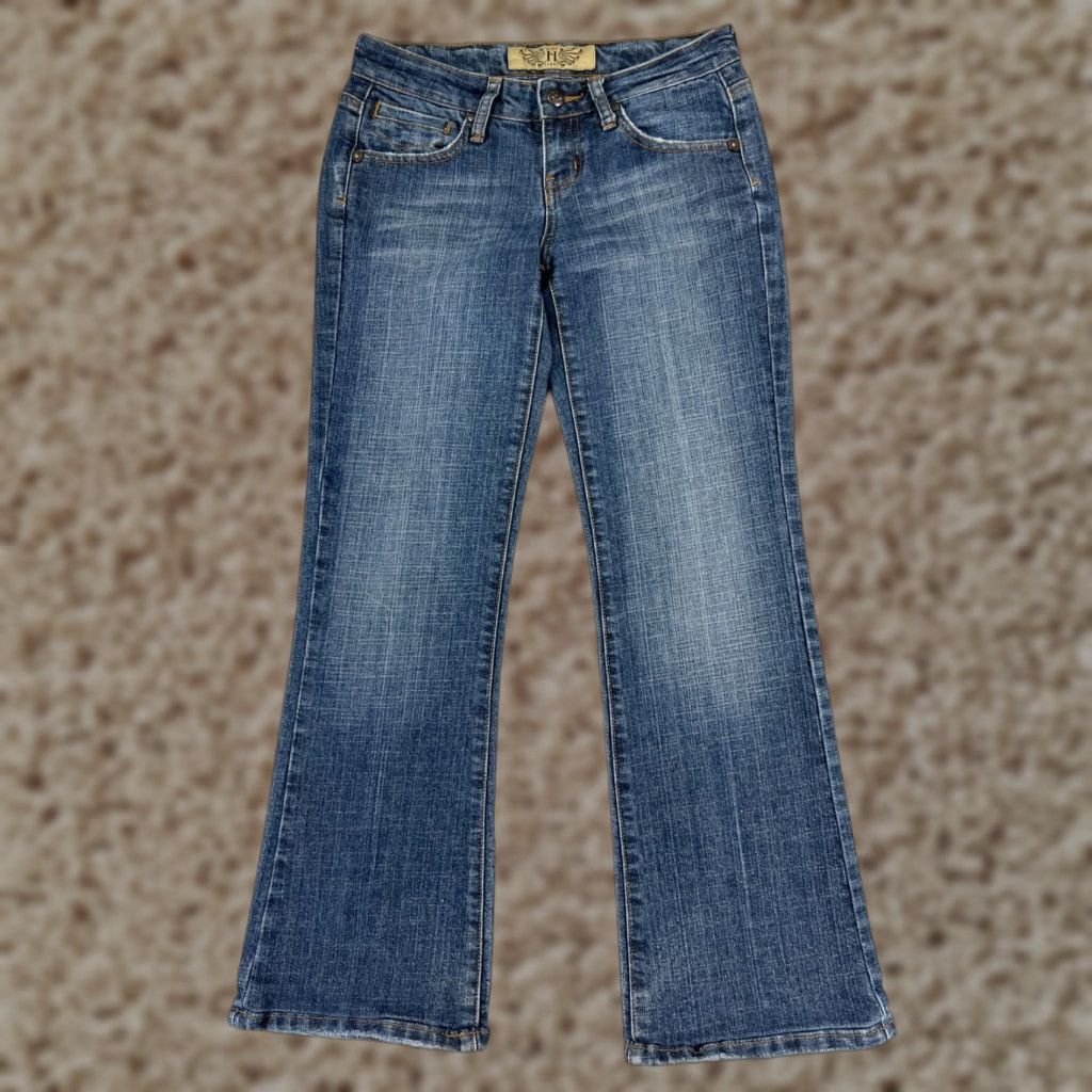 Vintage Hint Pants Womens Jeans Flared Low Rise Blue Denim Cotton Blend 3 5-Pocket Design Embroidered Distressed Stretch Casual Size 26" / US 2 / IT 38 - 1 Thumbnail