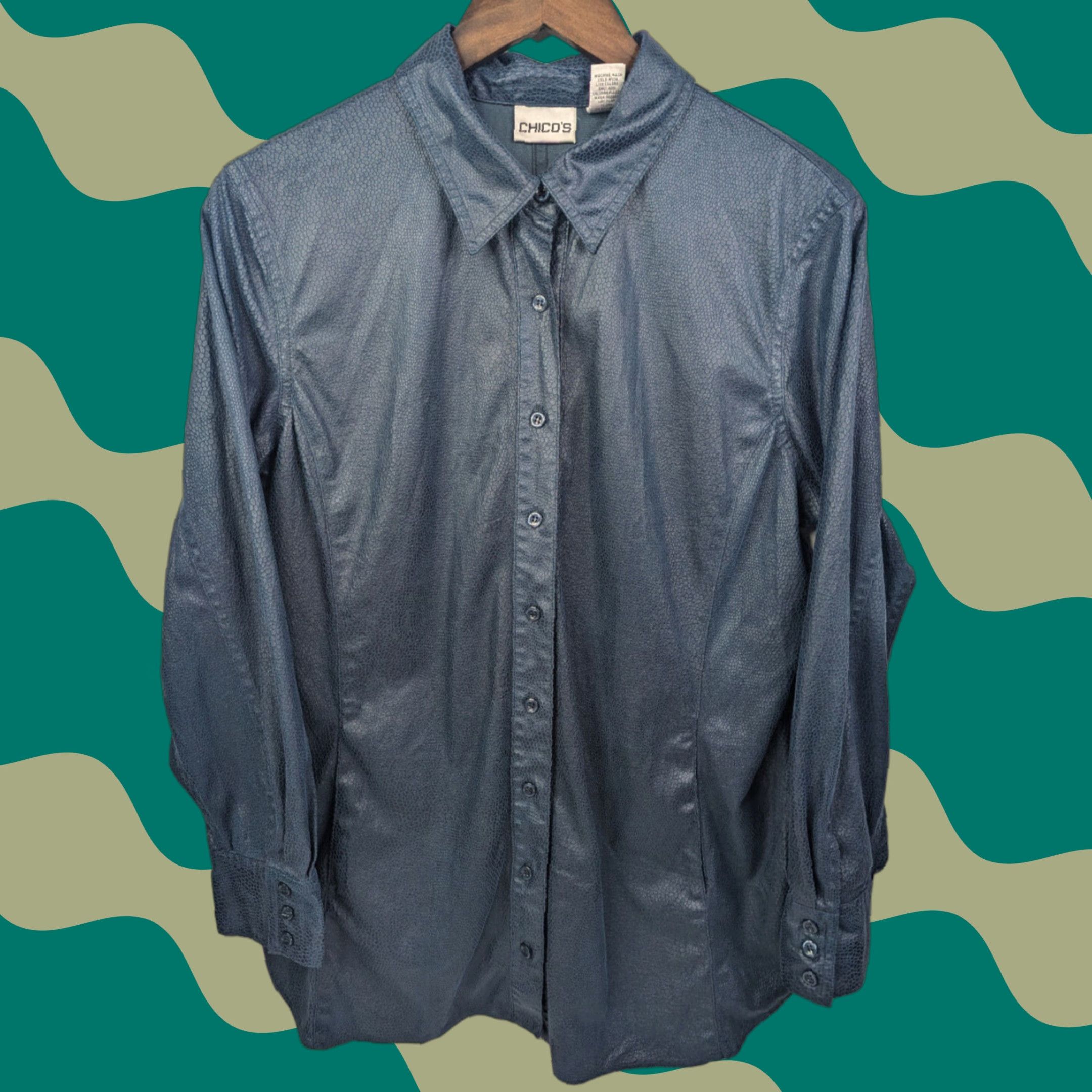 Vintage Chicos Shirt Womens L Teal Blue Faux Leather Long Sleeve Button-Up Size L / US 10 / IT 46 - 1 Thumbnail