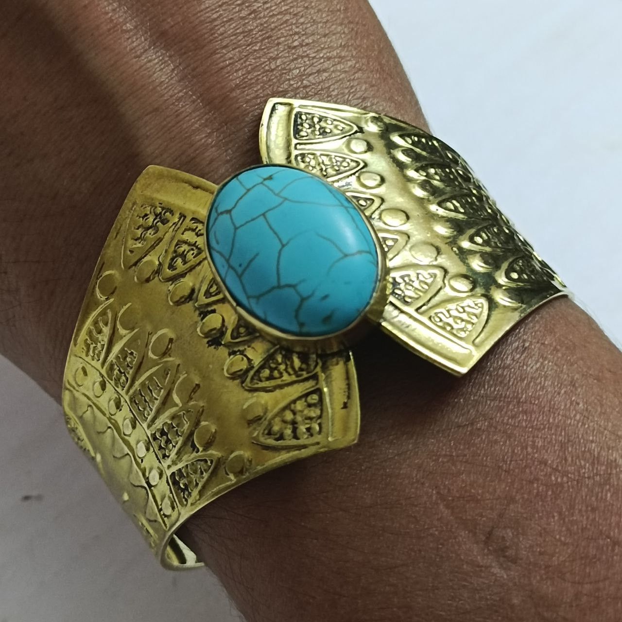 Handmade Handcrafted brass bracelet with turquoise stone Size ONE SIZE - 9 Thumbnail