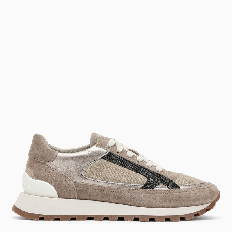 image of Brunello Cucinelli Low Walnut-Coloured Trainer With Beaded Detailing Shoes in Brown, Women's (Size 