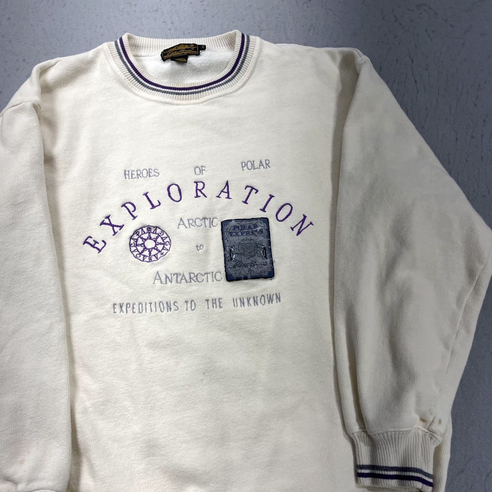 Eddie Bauer VINTAGE Eddie Bauer Sweatshirt Mens M Polar Express Ringer Crewneck 90s Ivory Cotton Fleece Logo Pullover Size US M / EU 48-50 / 2 - 3 Thumbnail