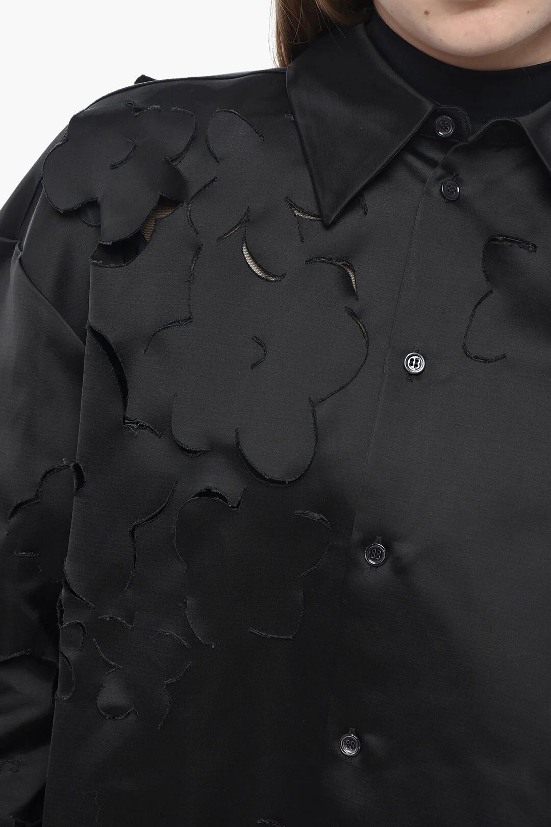 Marni og1mm0326 Floral Cut-Out Motif Satin Blouse in Black Size M / US 6-8 / IT 42-44 - 3 Thumbnail