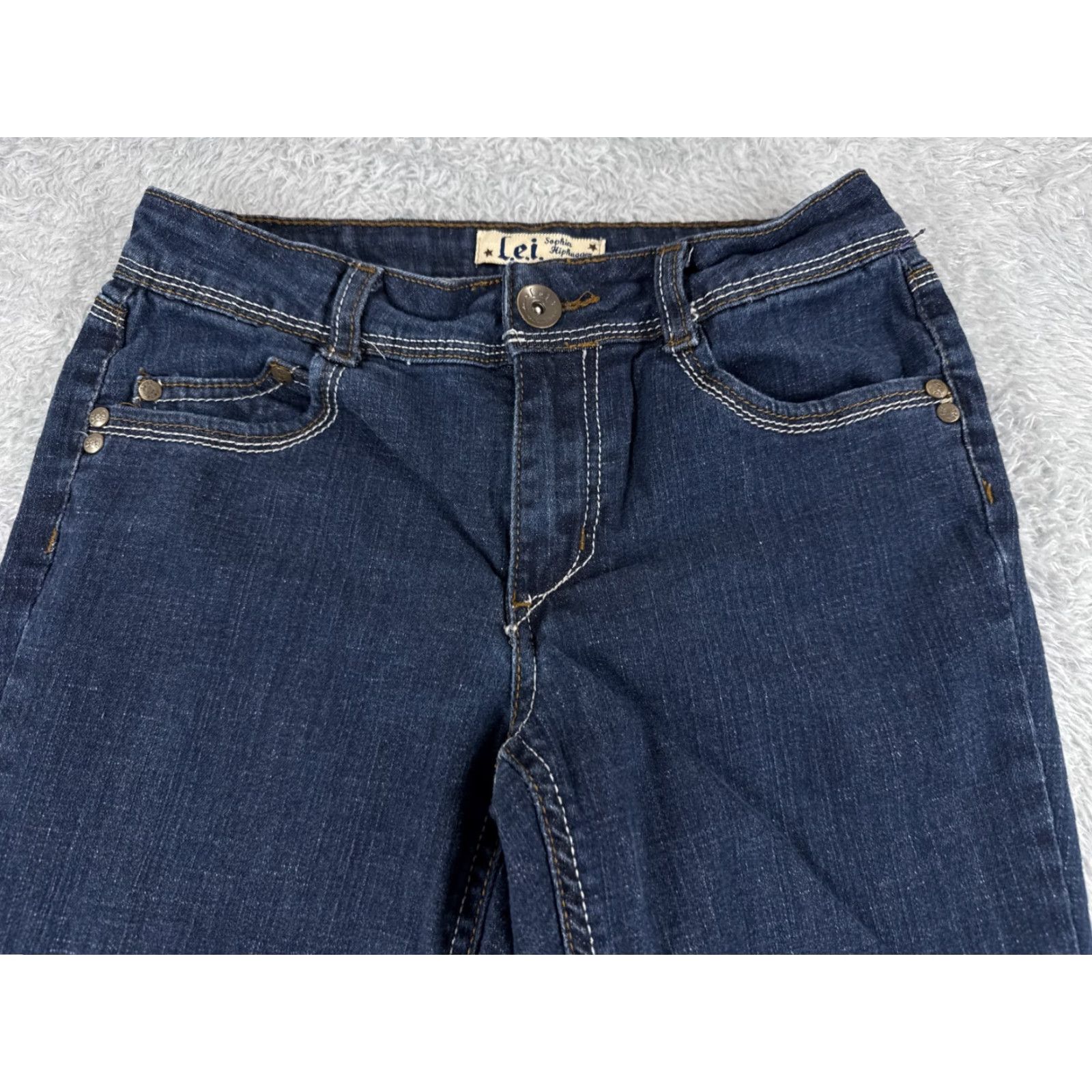 Vintage LEI Jeans Juniors 5 Blue Denim Sophia Hiphugger Flare Mid Rise Dark 25x30 Size 27" / US 4 / IT 40 - 4 Thumbnail