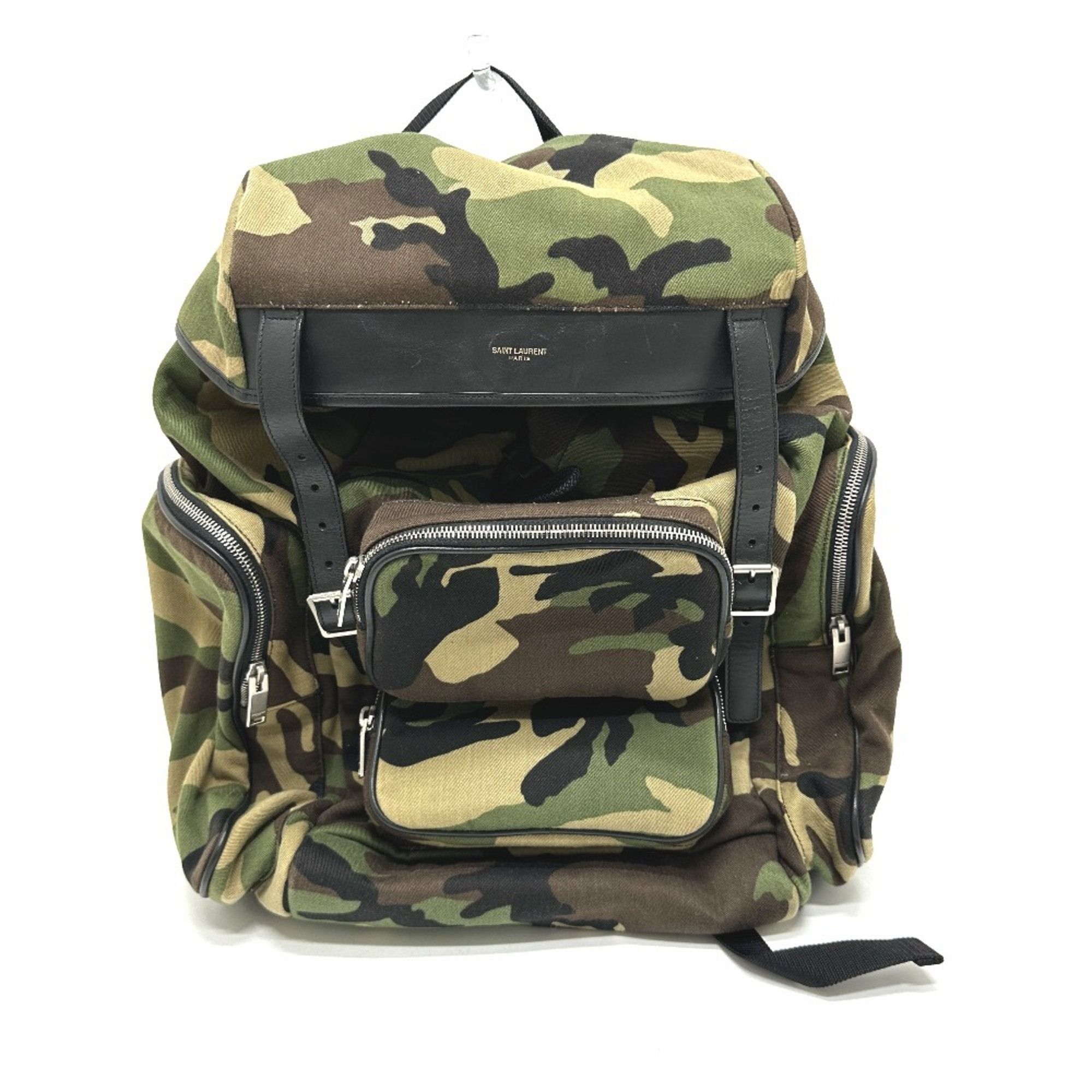 Yves Saint Laurent SAINT LAURENT PARIS 437110 Multi-Pocket Camouflage Backpack Canvas and Leather Green for Men Women