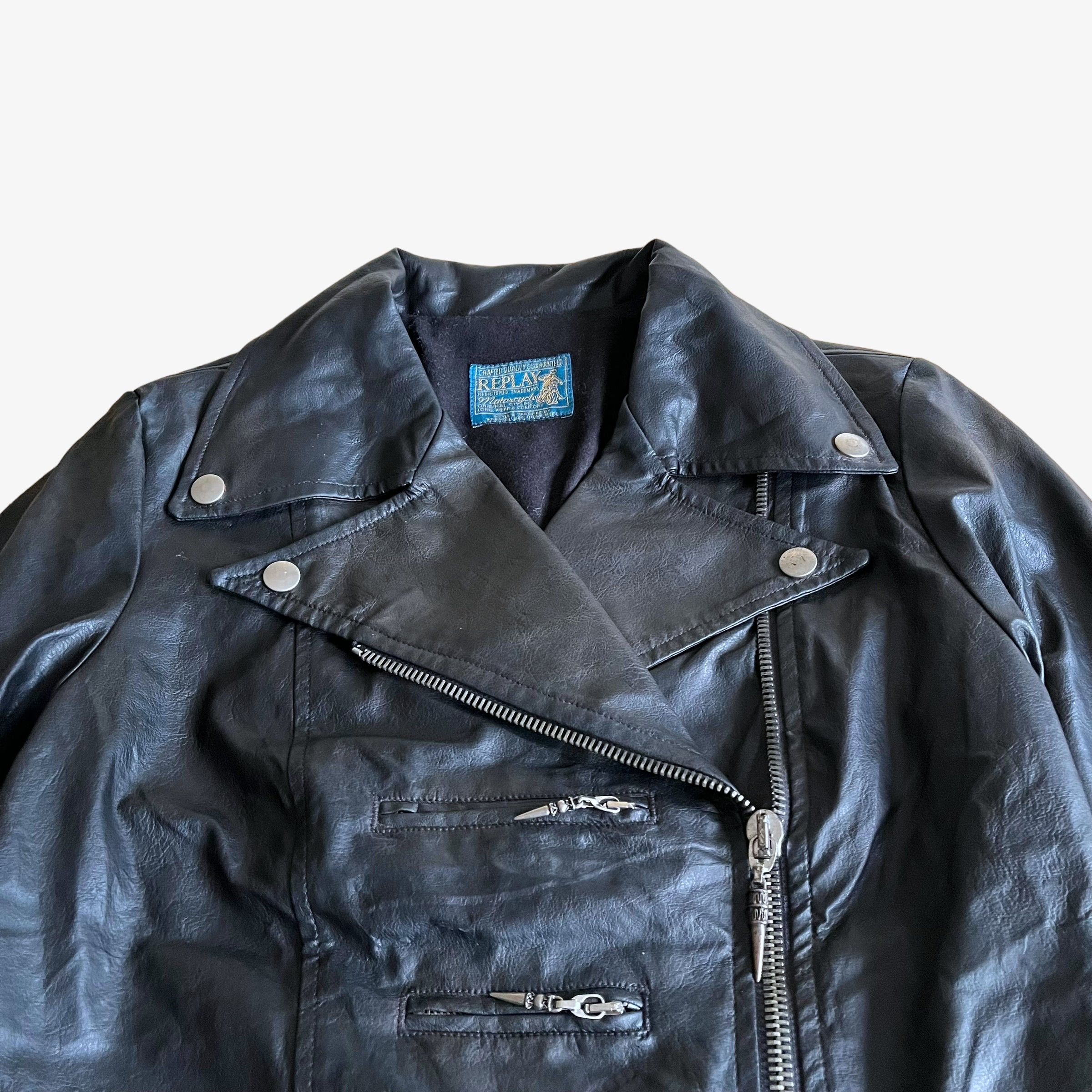Replay Vintage 90s Women's Replay Black Leather Skull Biker Jacket Size M / US 6-8 / IT 42-44 - 6 Thumbnail
