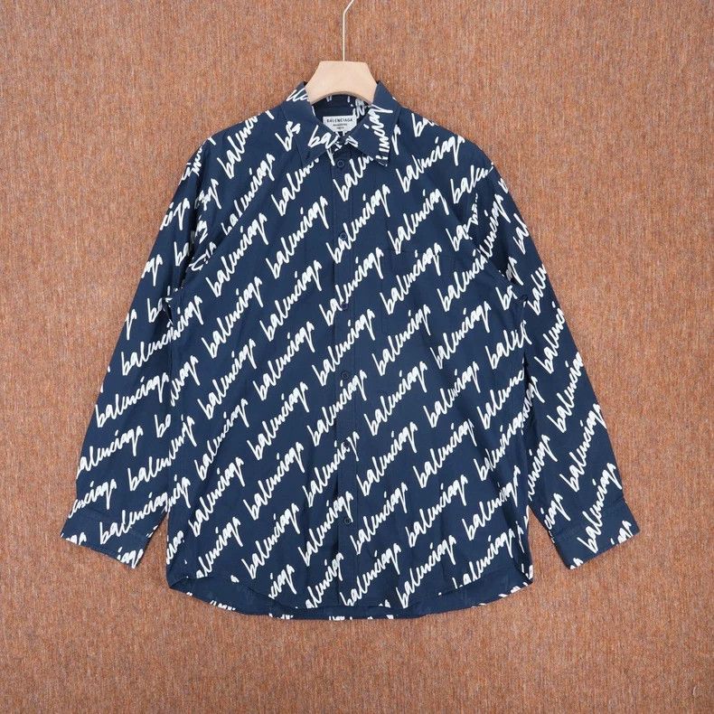 Balenciaga Balenciaga Blue Script Print Shirt - dmc Size US S / EU 44-46 / 1 - 1 Thumbnail