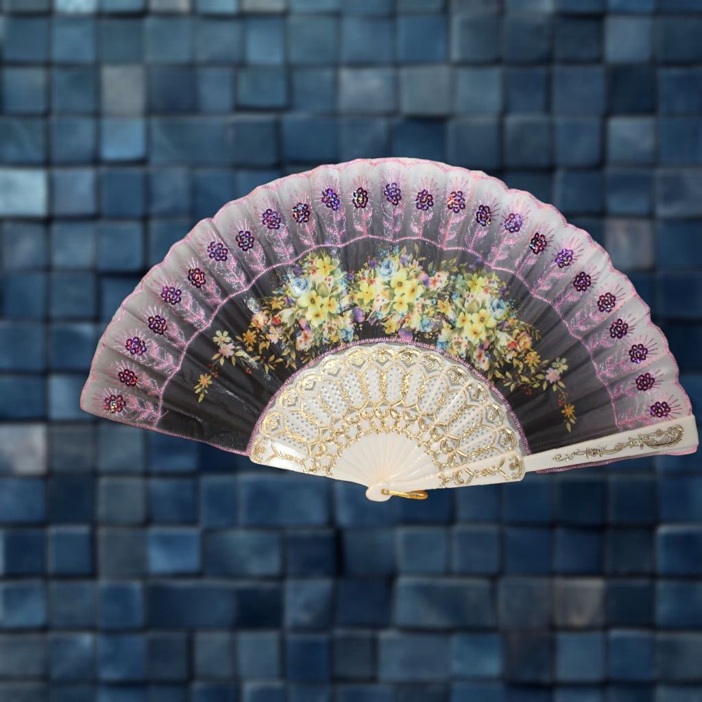 Vintage Vintage Hand Fan Small Flowers Sequin Decor Women Girls Accessories 16 Inch Size ONE SIZE - 1 Thumbnail