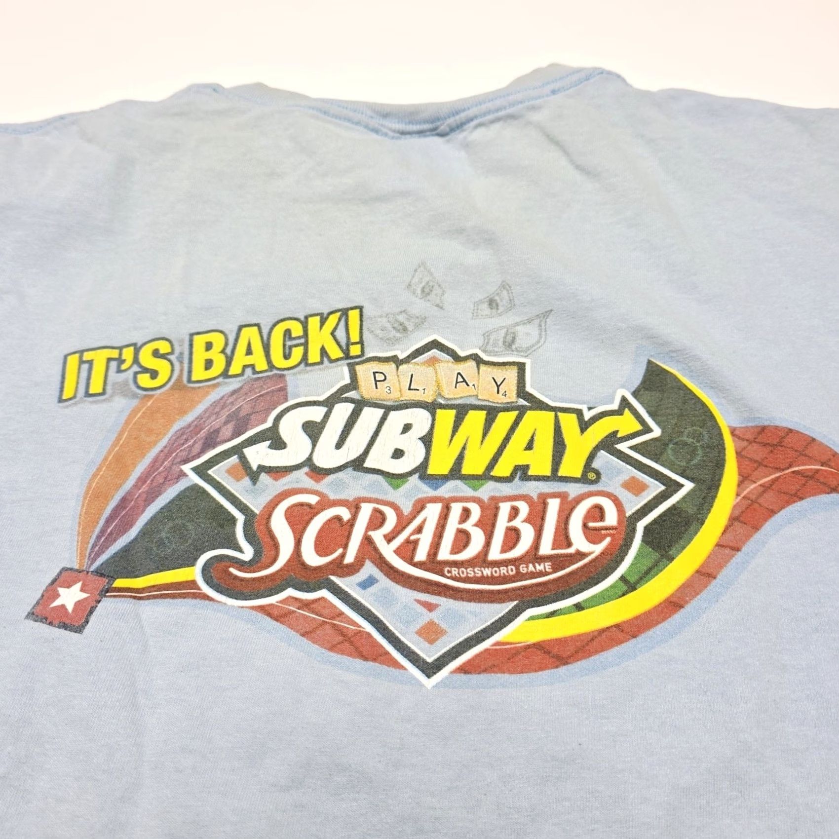 Gildan Subway Scrabble Promo Staff T-Shirt Men Large Distressed Two-Sided Logo Solid Crew Neck Short Sleeve Blue Size US L / EU 52-54 / 3 - 7 Thumbnail
