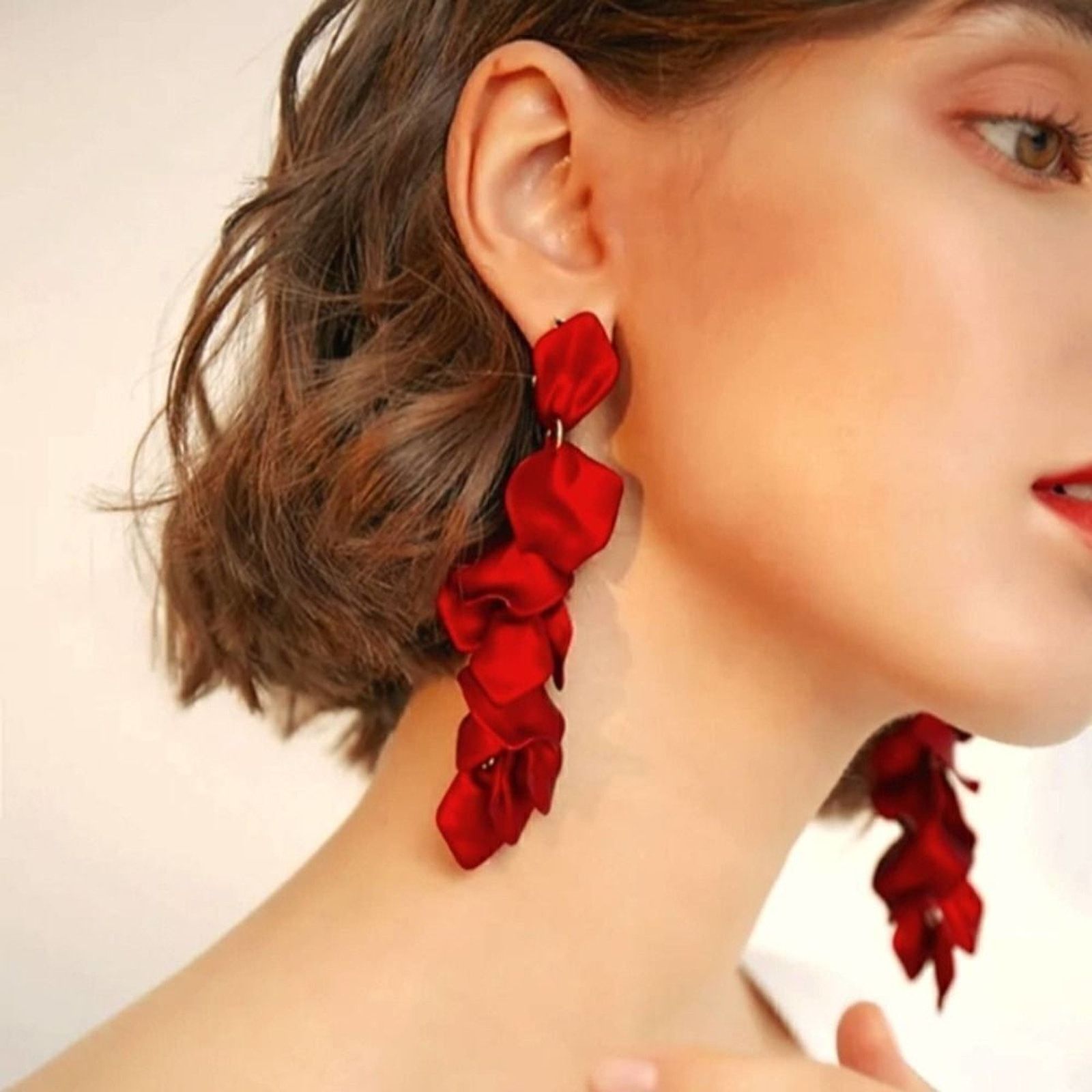The Unbranded Brand Rose Petal Long Earrings Red Color Size ONE SIZE - 6 Thumbnail