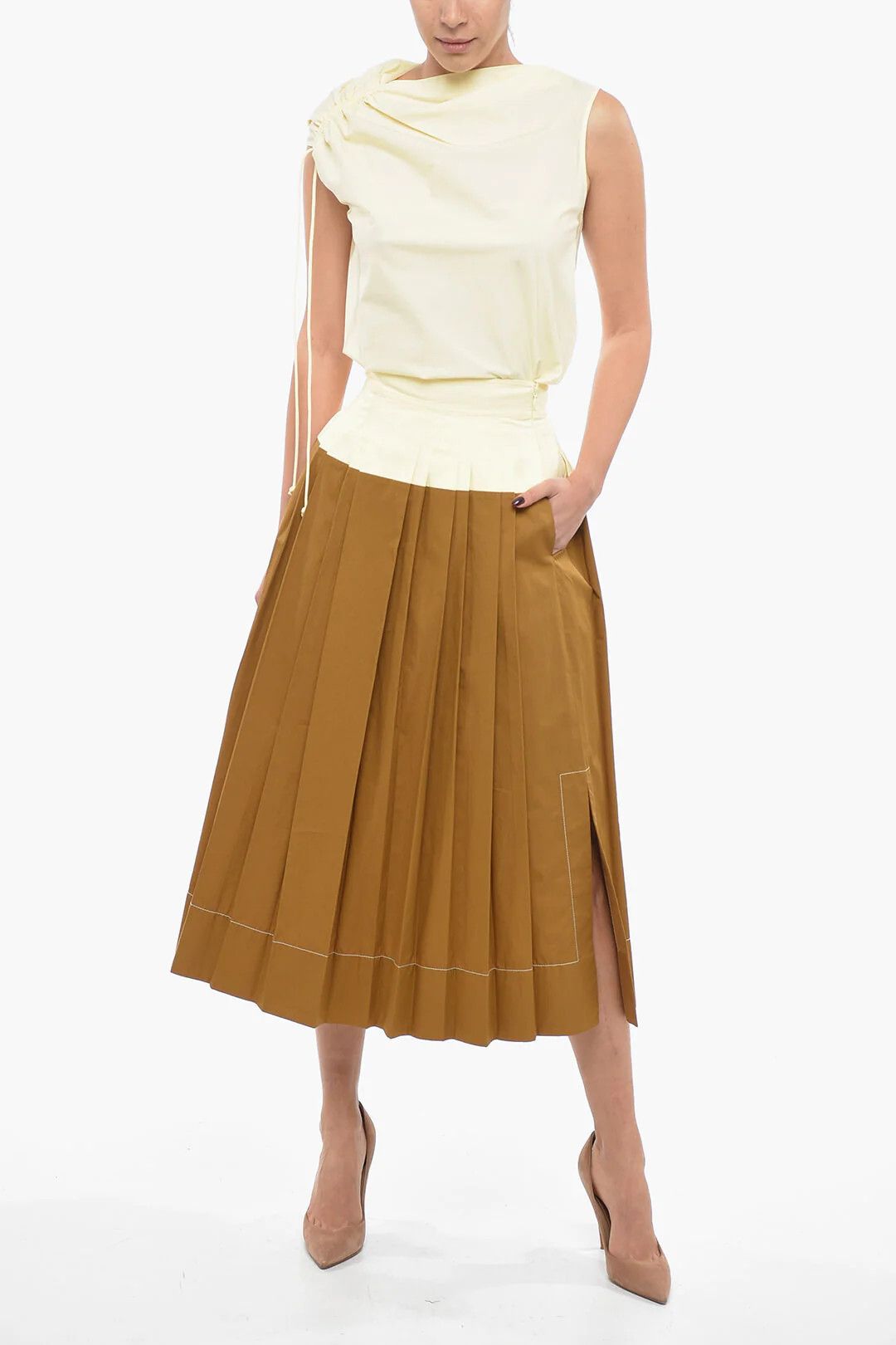 Tory Burch og1mm0426 Two-Tone Pleated Cotton Poplin Skirt in Brown Size 28" / US 6 / IT 42 - 4 Thumbnail