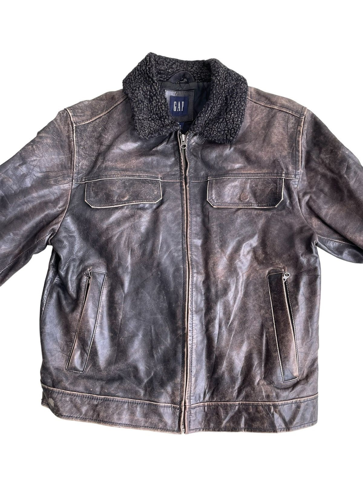 Gap 1990s GAP 🇺🇸 Fur Neck Leather Biker Jacket Size US M / EU 48-50 / 2 - 1 Thumbnail
