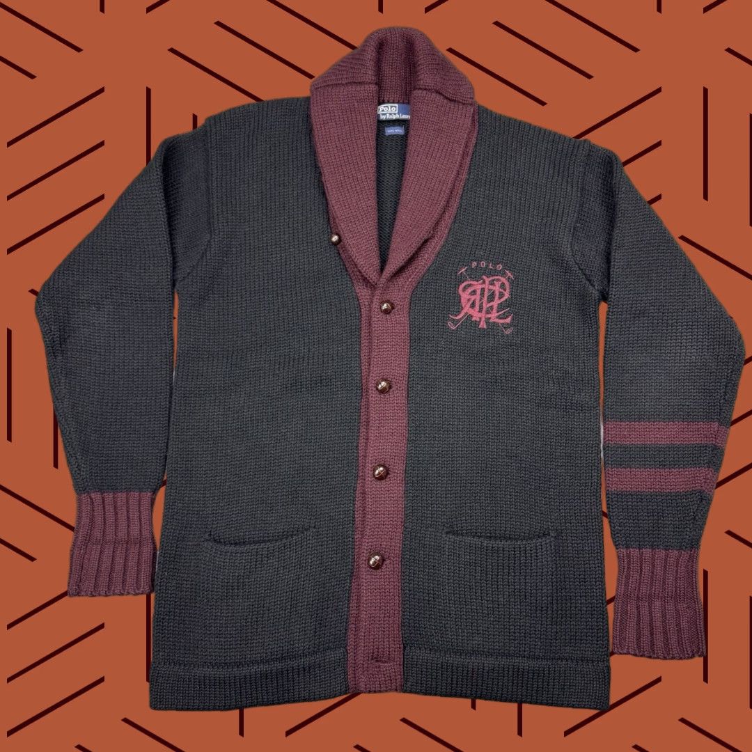 Vintage Polo Ralph Lauren Wool Knit Cardigan Men M Fall Black Maroon 90s Shawl Collar Pockets