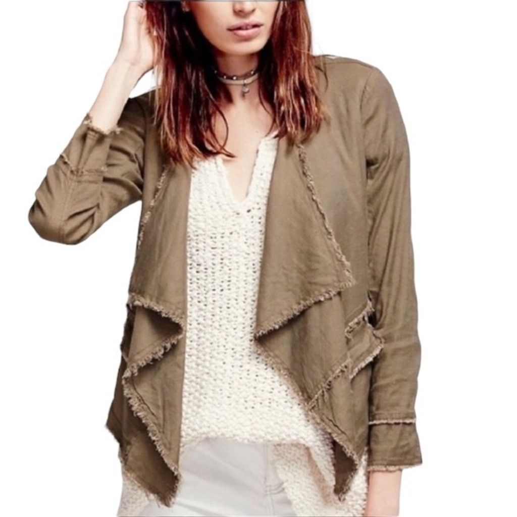 Free People Free People Olive Linen Blend Raw Finish Waterfall Jacket XS Size XS / US 0-2 / IT 36-38 - 1 Thumbnail