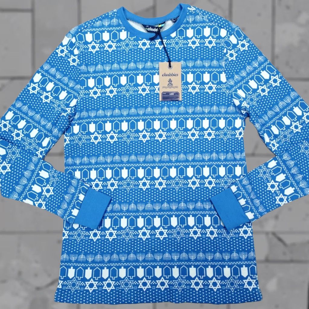 Chubbies Chubbies Pajama Top Shirt Mens L Blue Long Sleeve Crew Neck Waffle Funukkah Hanukkah Slim Fit Holiday Winter Geometric Pattern Size US L / EU 52-54 / 3 - 1 Thumbnail