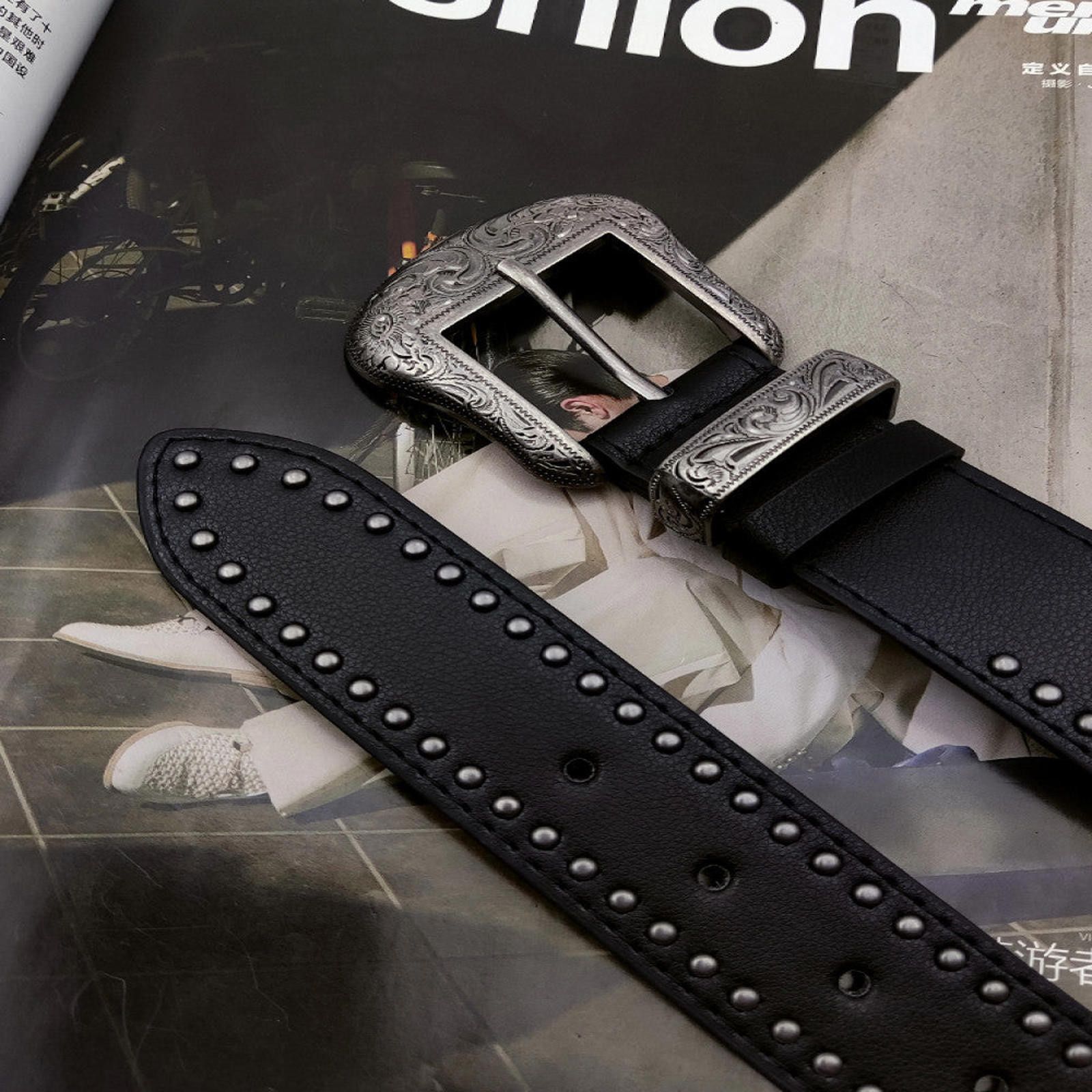 Leather Black Western Belt with Engraved Buckle Size ONE SIZE - 7 Thumbnail