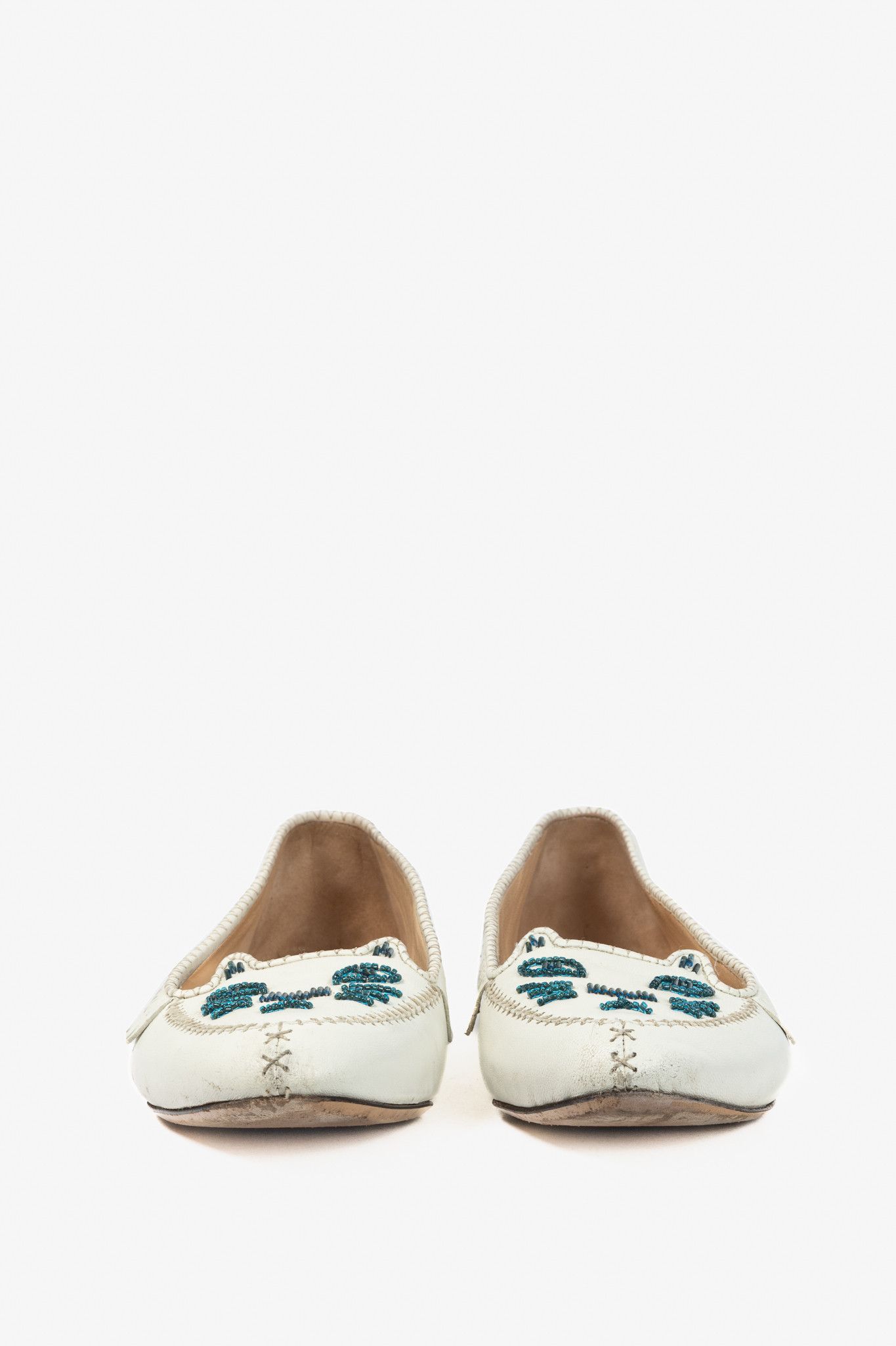 Charlotte Olympia Charlotte Olympia Kitty White Leather Beaded Fringe Flats Size US 7 / IT 37 - 3 Thumbnail