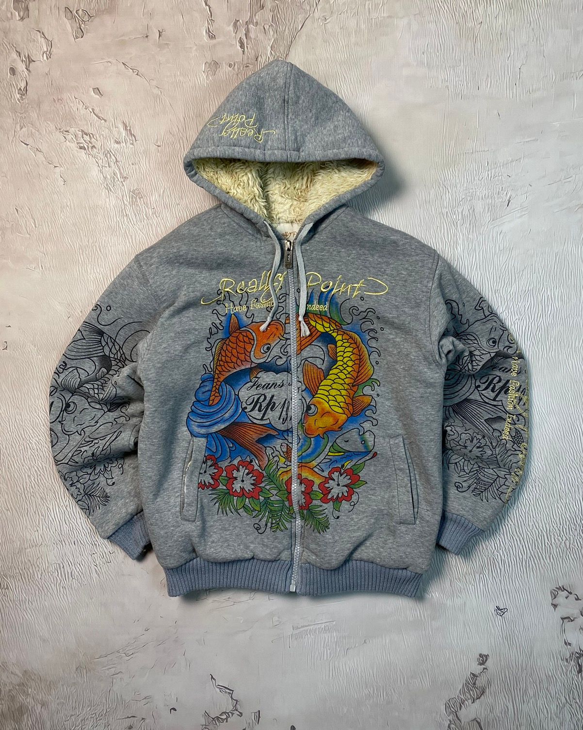 Pre-owned Christian Audigier X Ed Hardy Really Point Vintage Ed Hardy Like Faux Fur Zip-up Hoodie In Grey