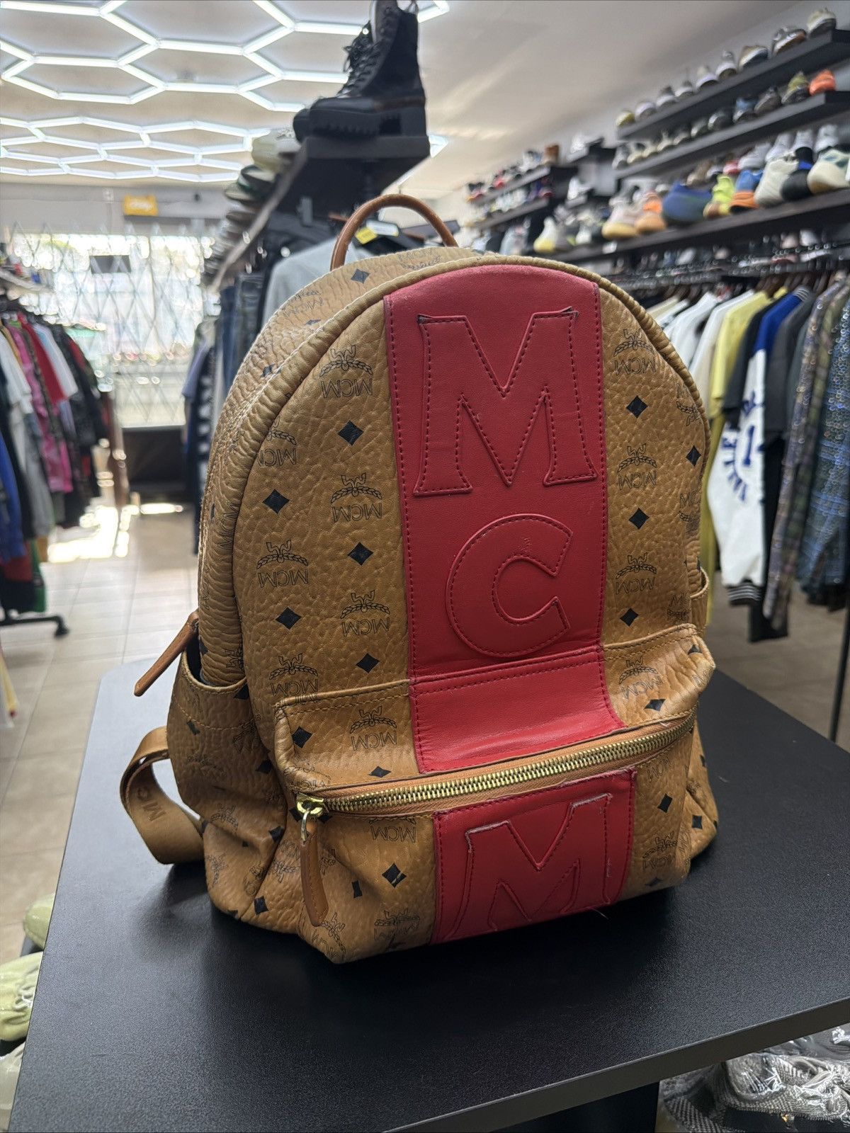 MCM MCM Visetos Medium Stark Logo Stripe Backpack Cognac Red Size ONE SIZE - 3 Thumbnail