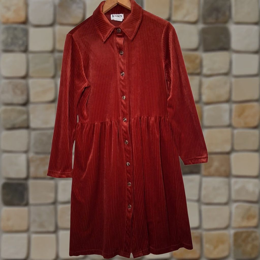 Hanes VINTAGE Hanes Signature Collection Dress Small Rust Ribbed Velour Button Earthy Size S / US 4 / IT 40 - 1 Thumbnail
