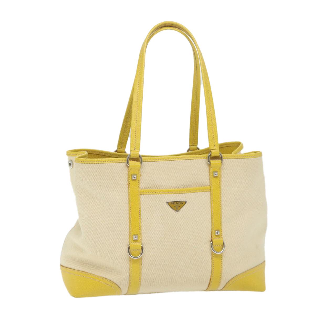 image of Prada Tote Bag Canvas Beige Yellow Auth 59691 in Beige/Yellow, Women's