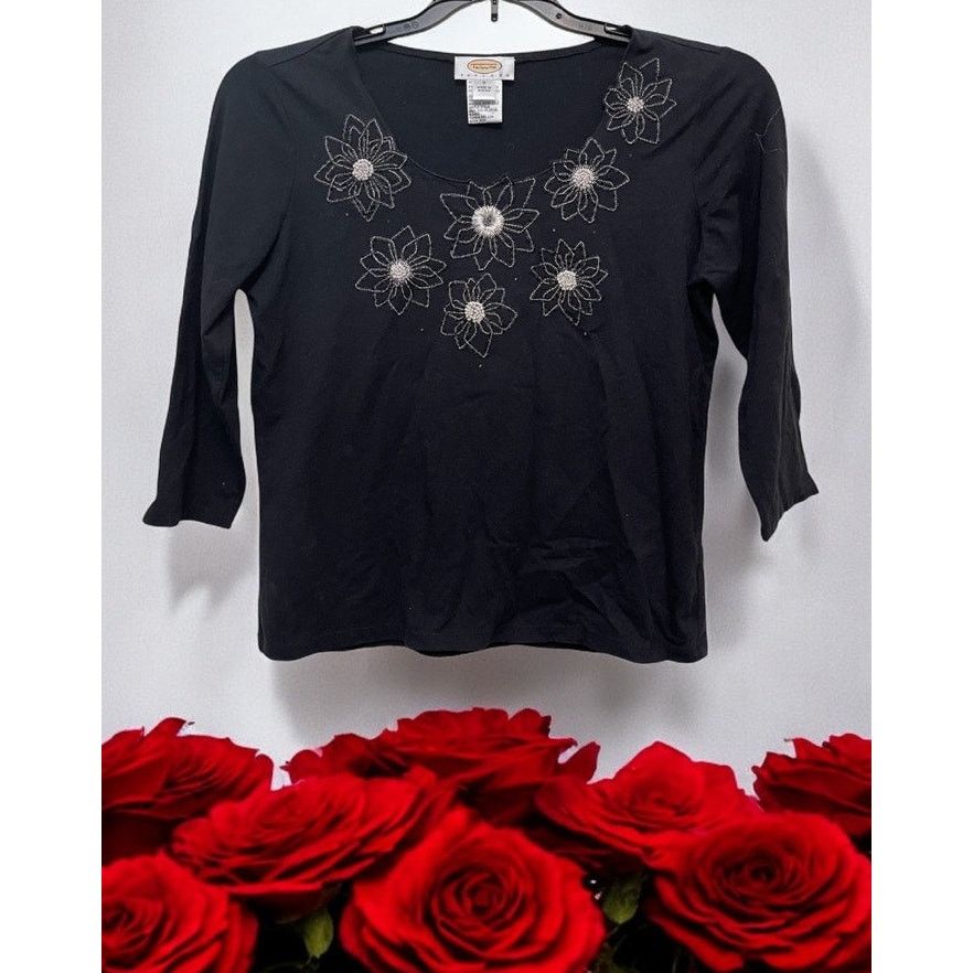Unknown London Talbots Petites Black Flowered Stretchy Blouse Sequins Sz S Size S / US 4 / IT 40 - 1 Thumbnail