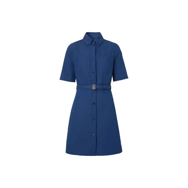 Burberry Short Sleeve Belted Dress in Navy 0079