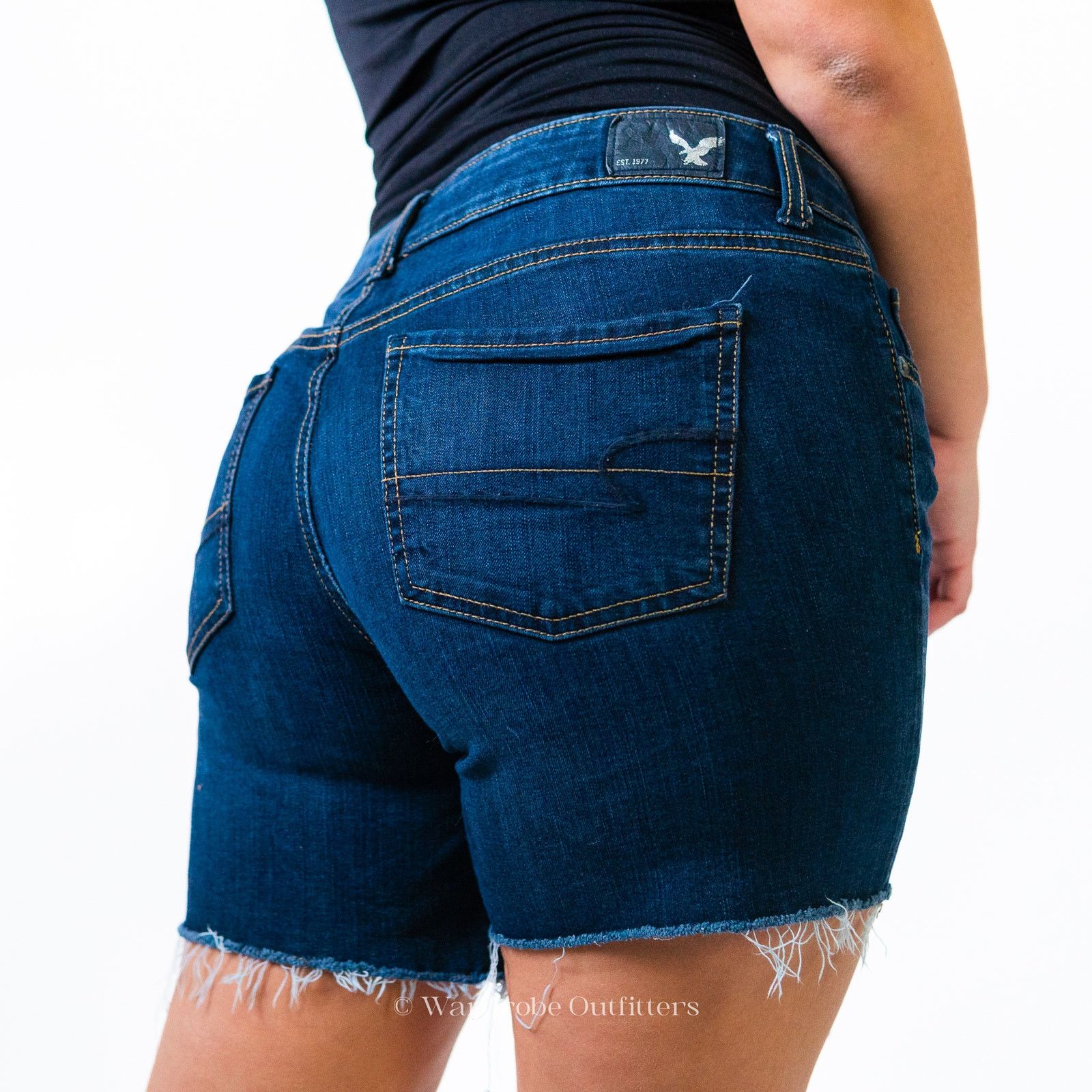 American Eagle Outfitters AEO Mid Rise Super Stretch Dark Indigo Cutoff Jean Shorts Size 32" / US 10 / IT 46 - 5 Thumbnail