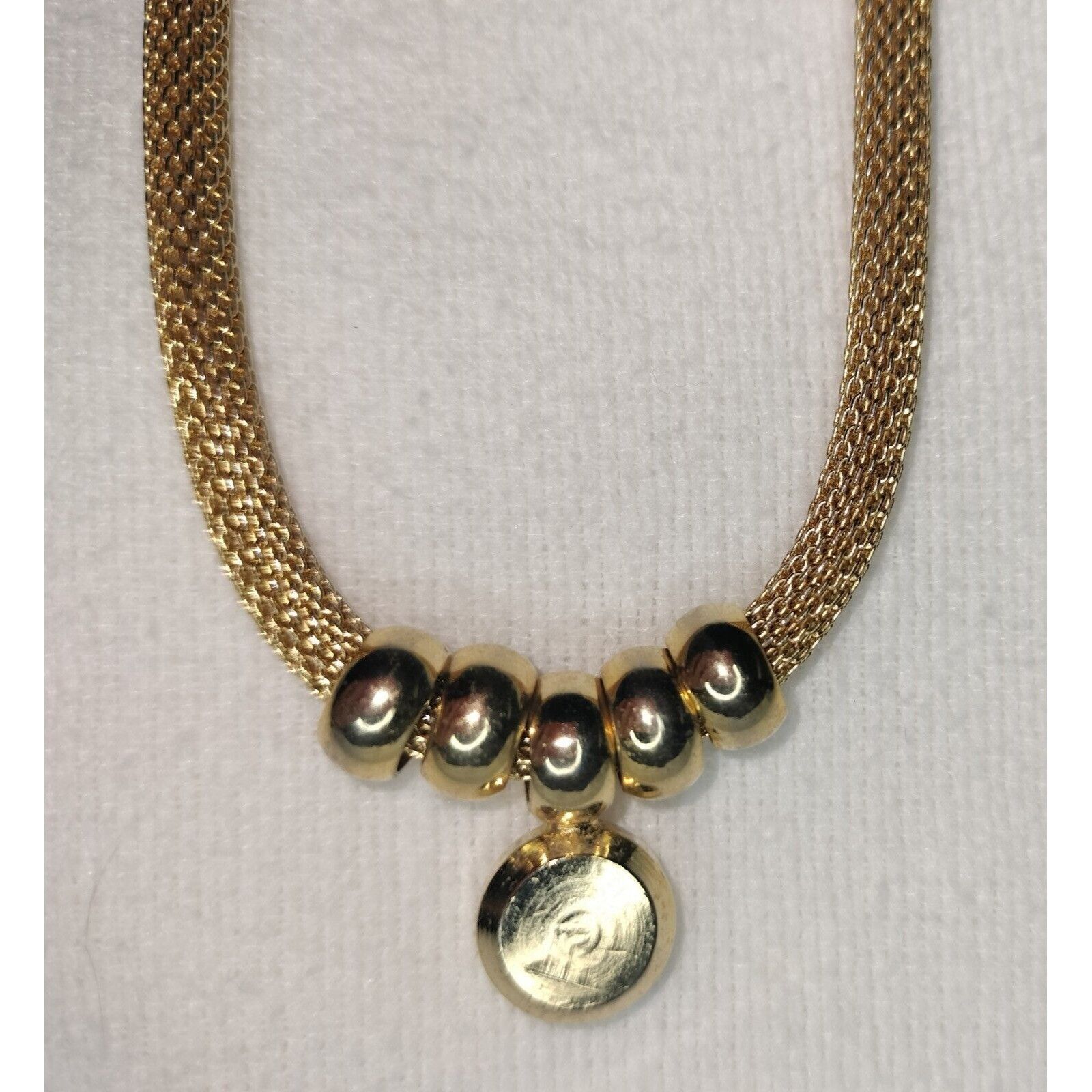 Vintage Gold Tone Metal Mesh Tube Necklace Ring Stoned Pendant Circa Size ONE SIZE - 7 Thumbnail