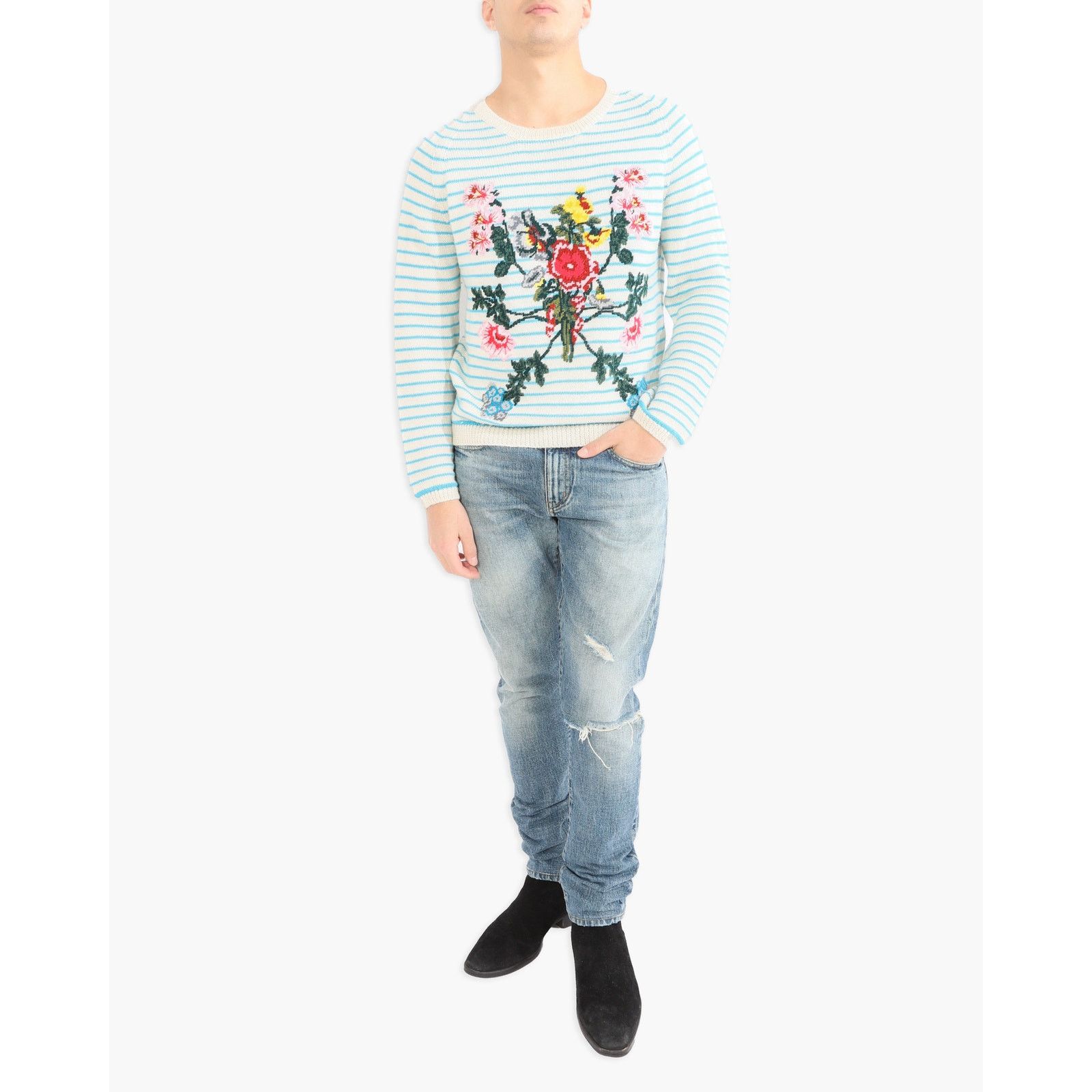 Gucci Gucci Garden Floral Embroidered Striped Knit in White & Blue Size US S / EU 44-46 / 1 - 3 Thumbnail