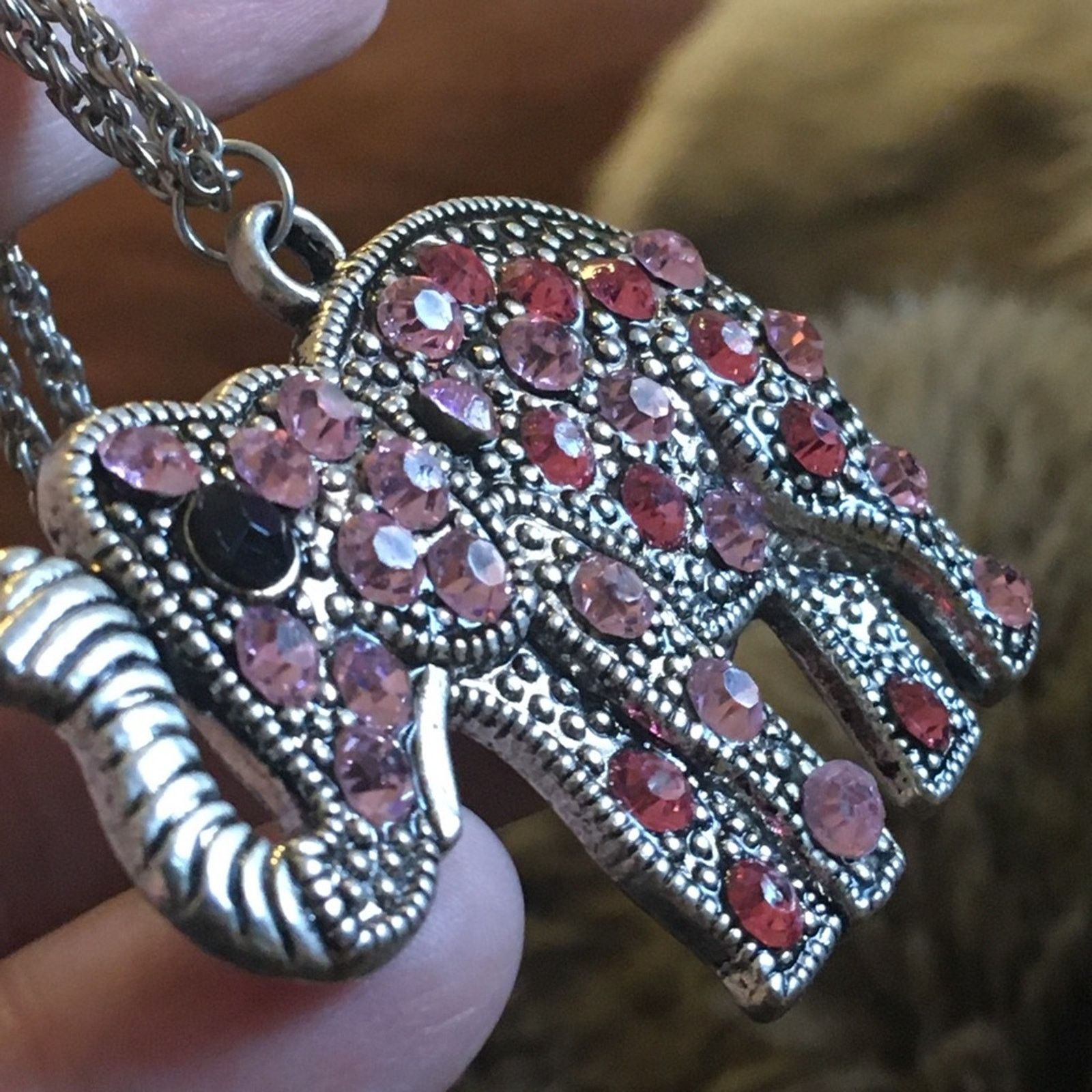 Jewelry Pink stone covered lucky elephant necklace Size ONE SIZE - 7 Thumbnail