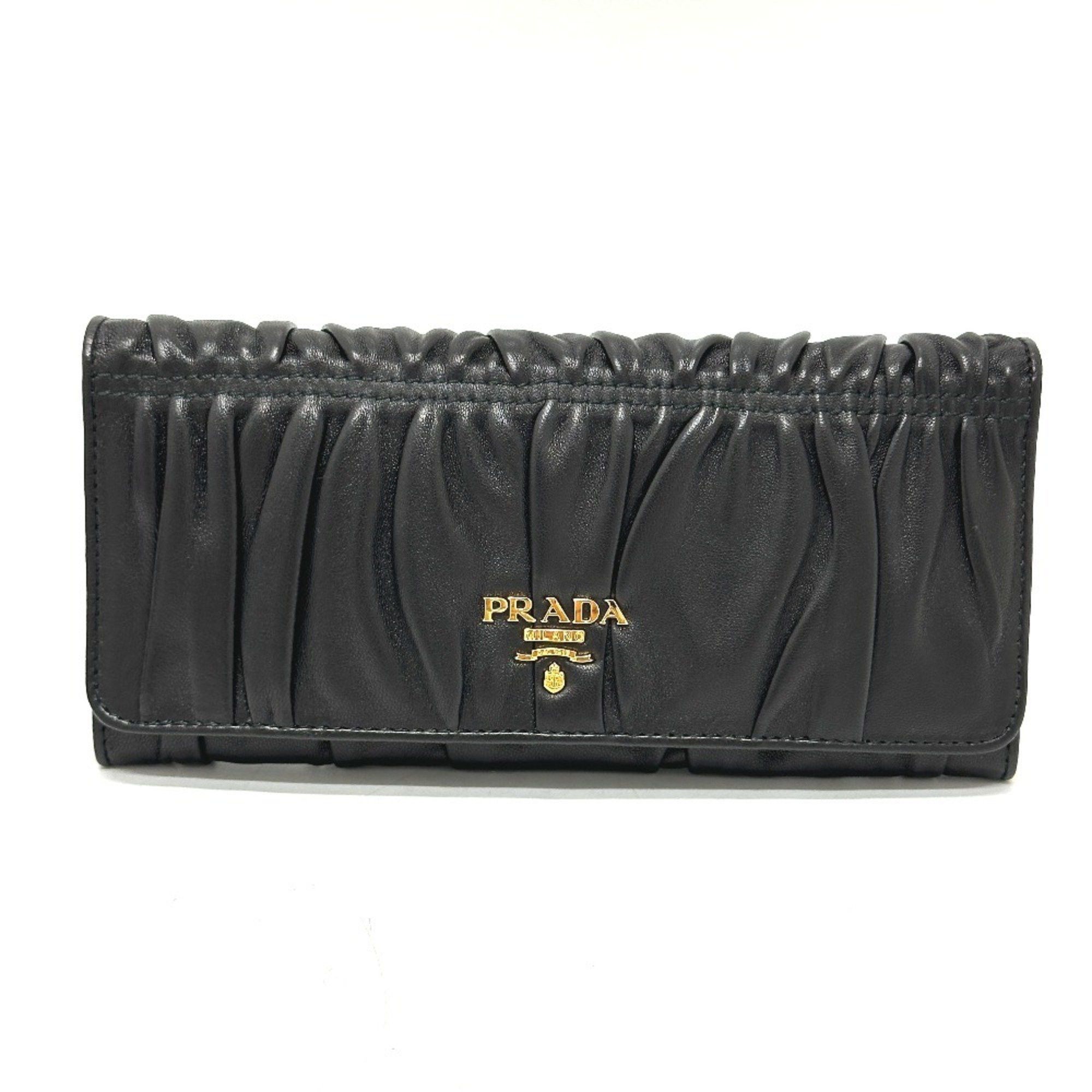 Prada PRADA 1M1132 Logo Gathered Bi-fold Long Wallet Leather Women's Black Size ONE SIZE - 1 Thumbnail