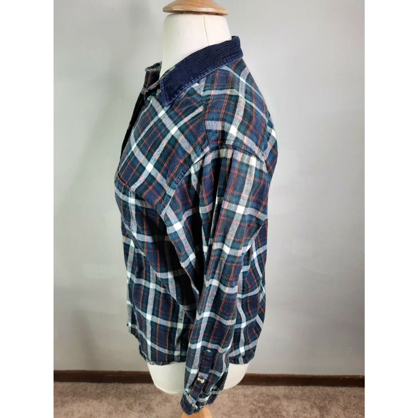 Vintage VINTAGE 90s Plaid Shirt Women's Blue Corduroy Collar Long Sleeve Grunge Large Size L / US 10 / IT 46 - 5 Thumbnail