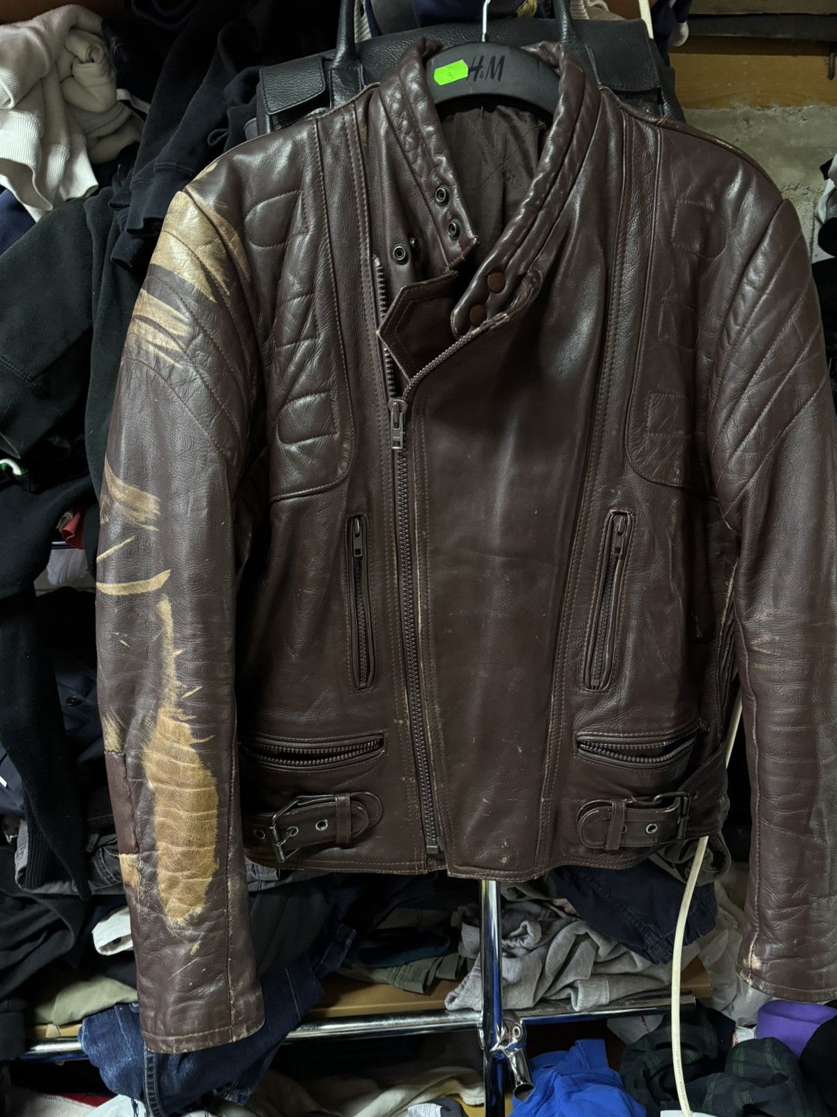 Vintage VINTAGE 80S BROWN BIKER RAMONES FADED RACING LEATHER JACKET Size US L / EU 52-54 / 3 - 2 Thumbnail