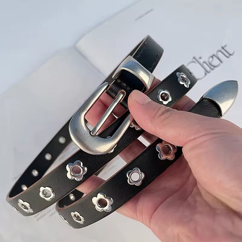 Leather × Vintage Women Flower Stud Rivet Hole Belt Size ONE SIZE - 3 Thumbnail