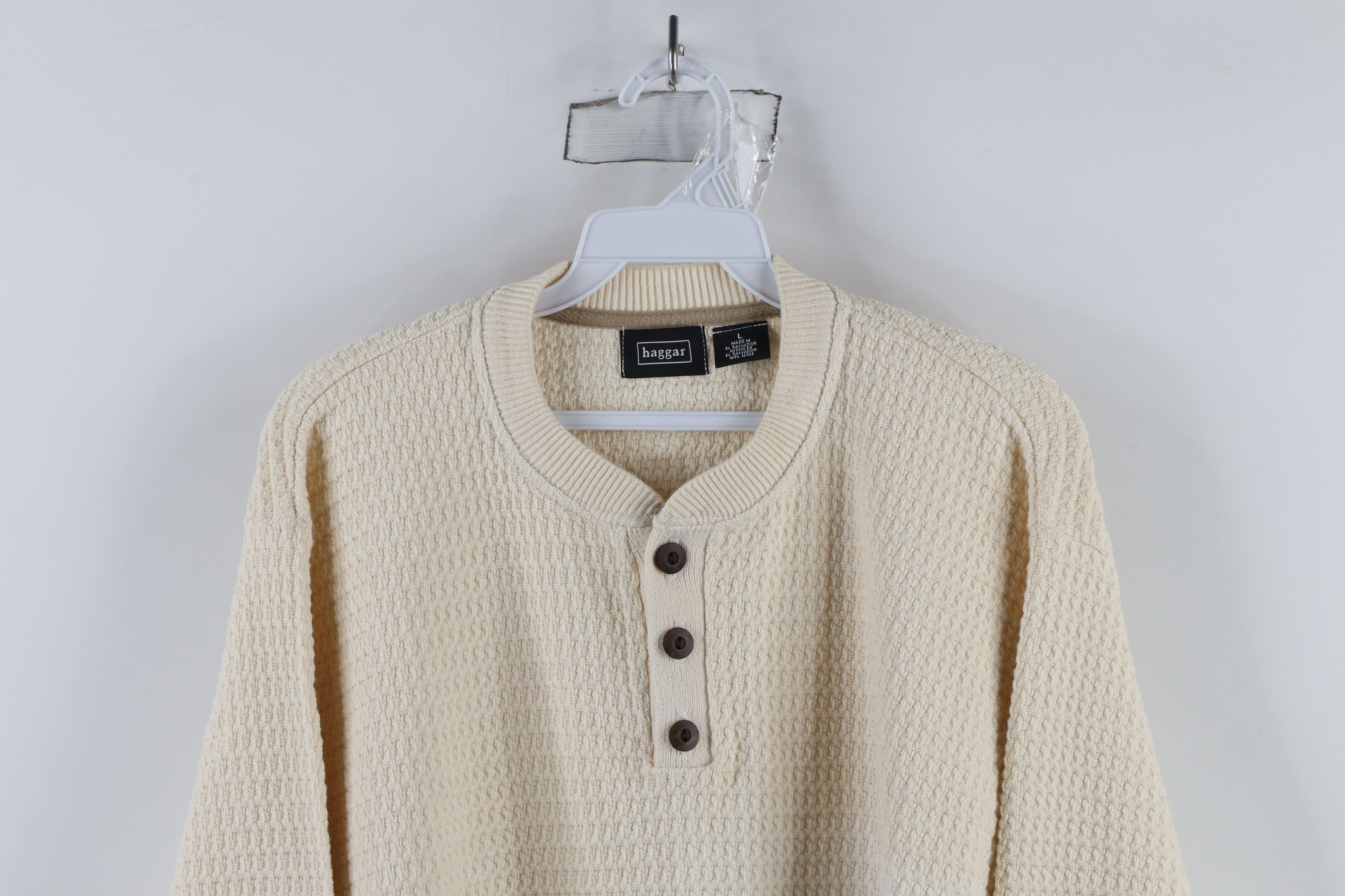 Vintage Vintage 90s Streetwear Cotton Knit Henley Sweater Cream Size US L / EU 52-54 / 3 - 2 Thumbnail
