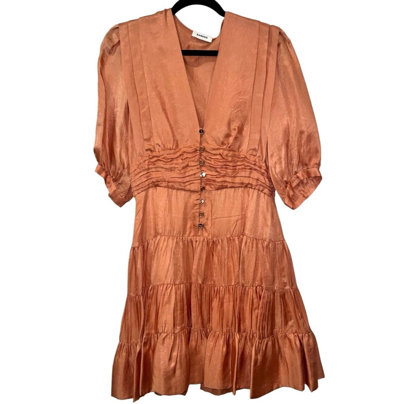 Sandro Sandro Gathered Tiered Satin Mini Dress Salmon Size FR 36 / Size S / US 4 / IT 40 - 5 Thumbnail