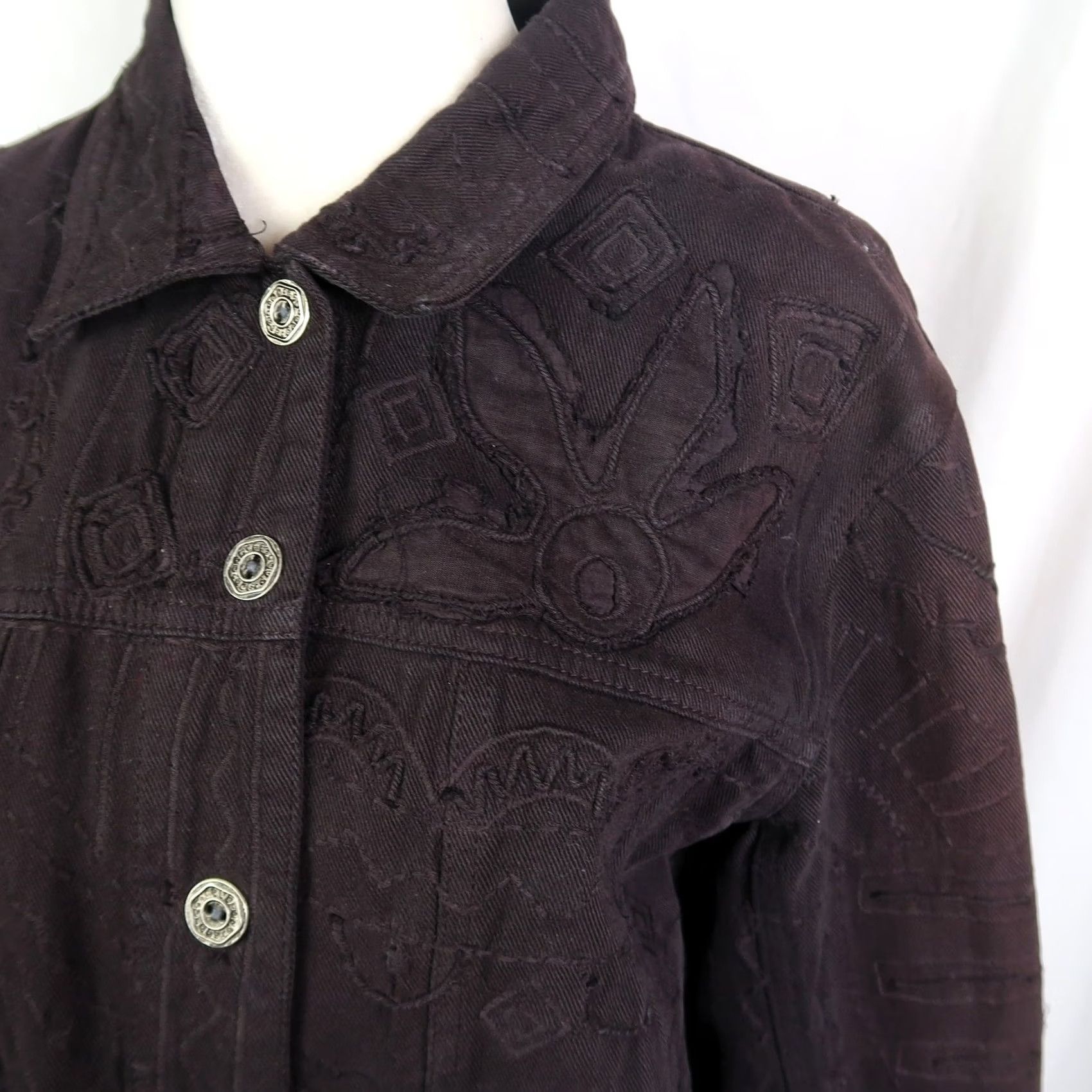Vintage VINTAGE Chico's Dark Plum Floral Embroidered Jacket M Women's Cotton Short Button Long Sleeve 90s Bohemian Fall Spring Girls? Size M / US 6-8 / IT 42-44 - 2 Thumbnail