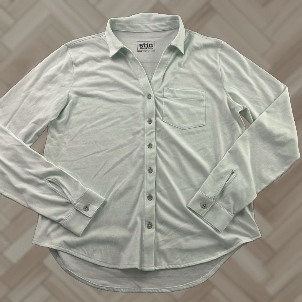 Vintage Stio Long Sleeve Button-Front Top Women's Med Blue Green Organic Cotton Blend Shirt M Blue Women Size M / US 6-8 / IT 42-44 - 1 Thumbnail