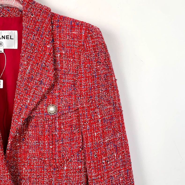 Chanel ChanelRed pearl buckle cotton lapel long-sleeved tweed wove Size XXS / US 00 / IT 34 - 3 Thumbnail