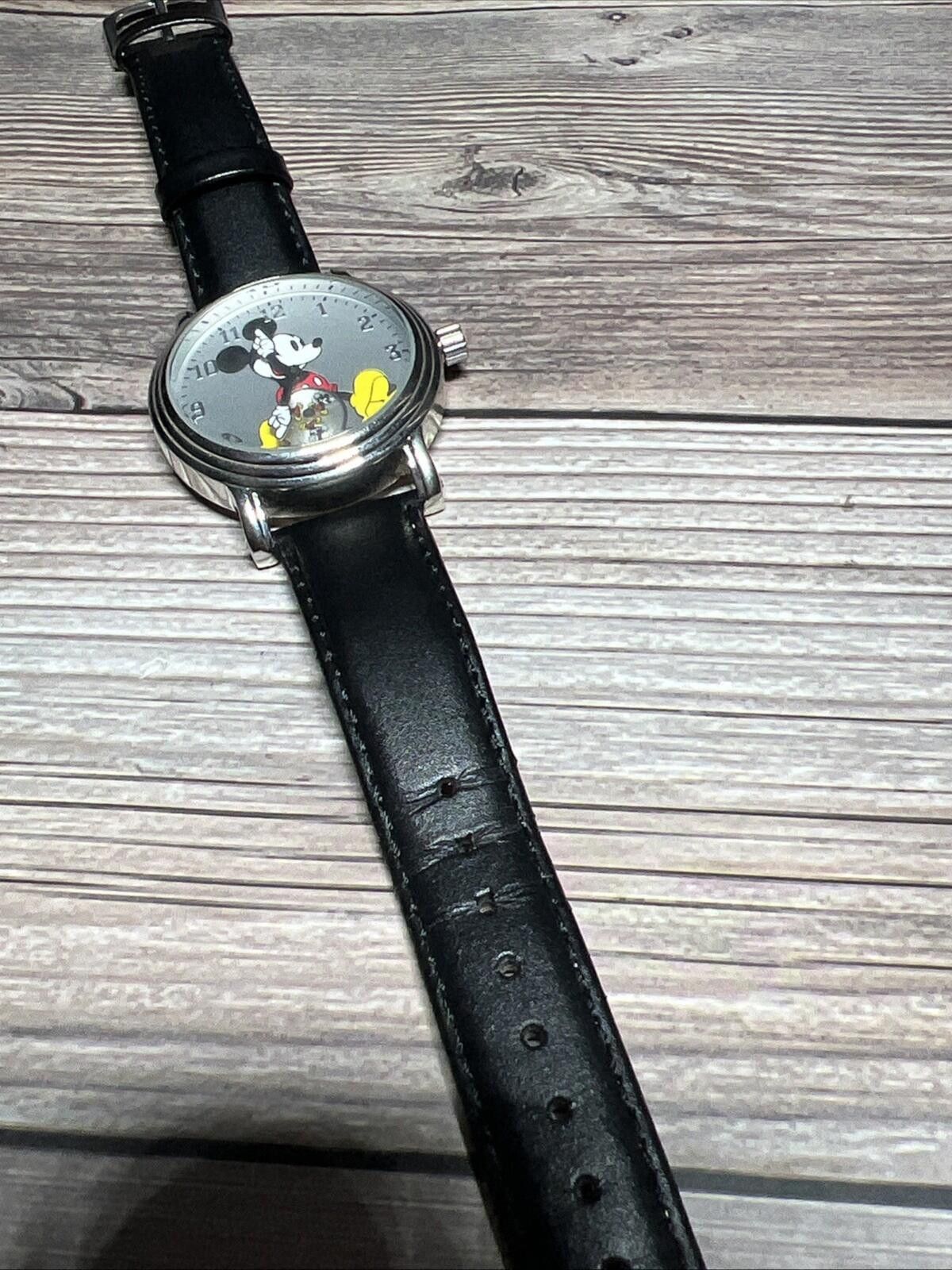 Disney Mickey Mouse Moving Dial Arms Genuine Black Leather Watch Size ONE SIZE - 6 Thumbnail